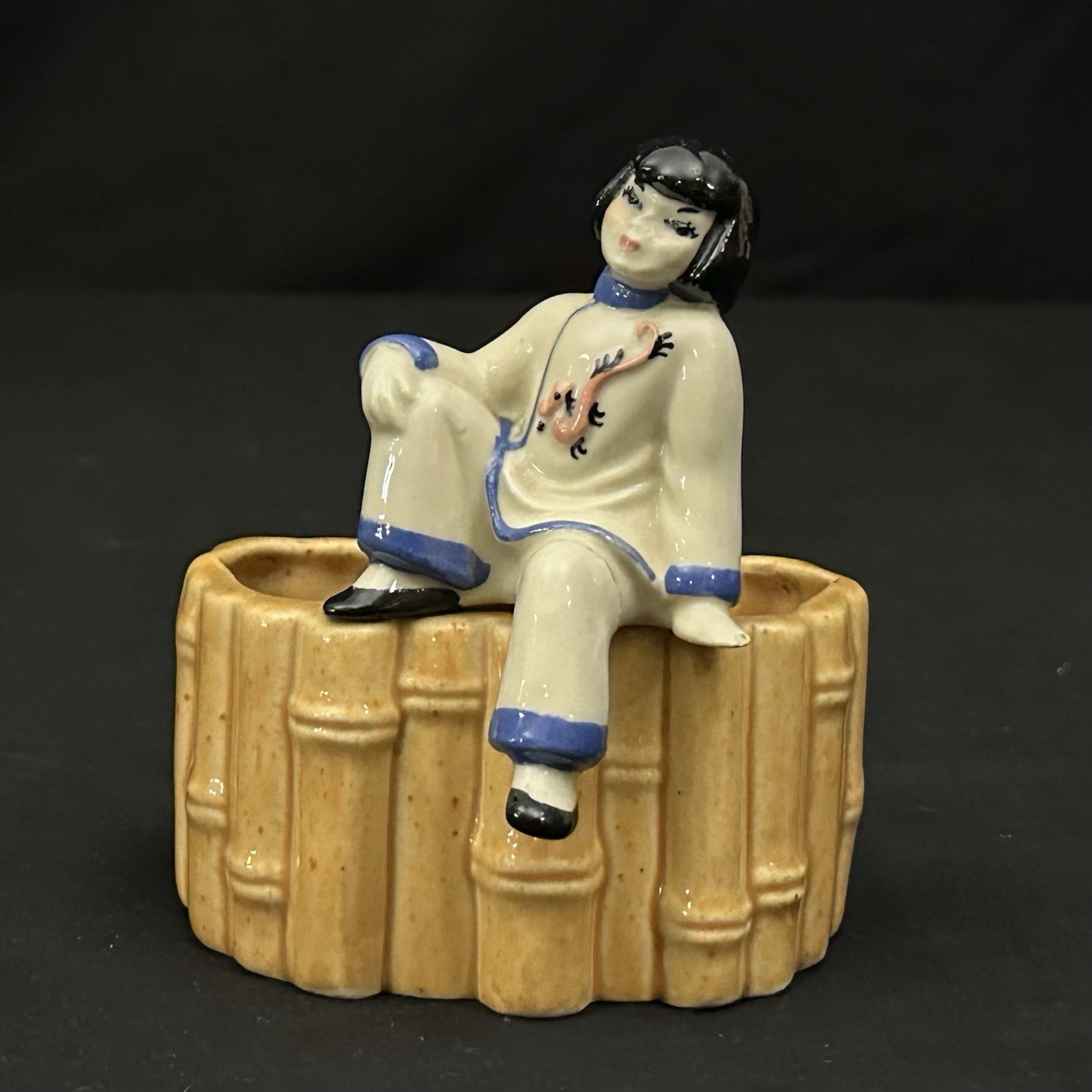 Vintage MCM Ceramic Arts Studio Chinese Girl Bamboo Figural Planter WI