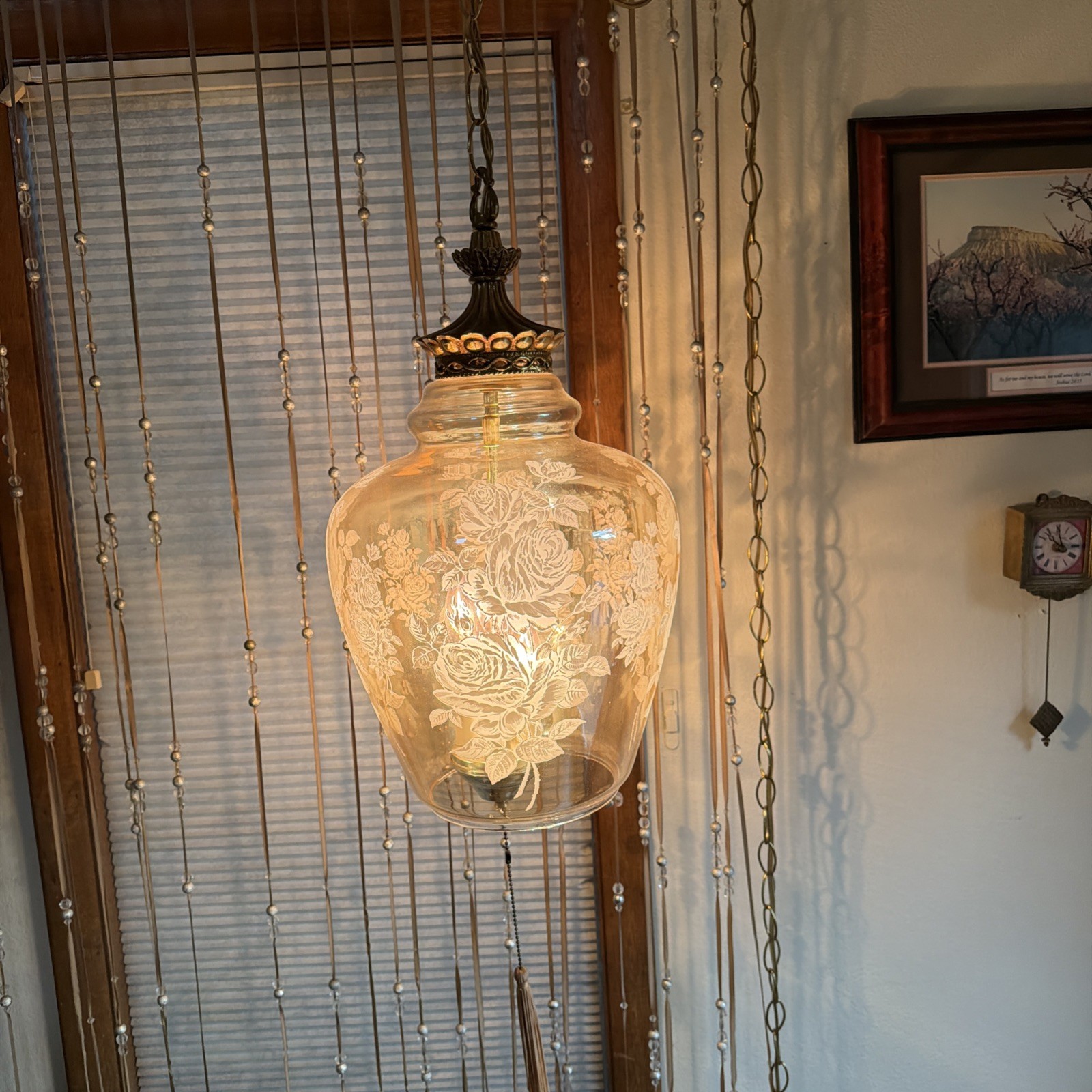 Hollywood Regency Swag Lamp Pendant, 1960, MCM Etched Rose Amber glass shade
