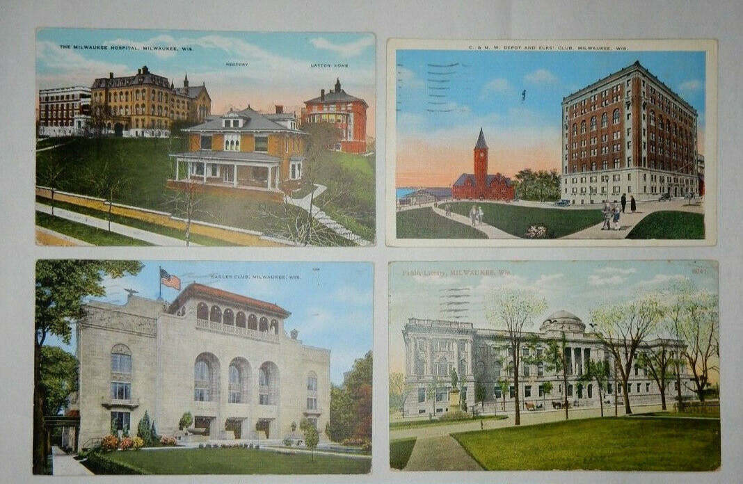 Wisconsin Postcards: Mixed Lot – 4 Postcards – Milwaukee – Elks’ Club, etal
