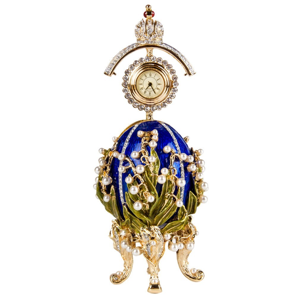 6.3″ Lily of the Valley Faberge Egg Replica with Clock in Blue Яйцо Фаберже