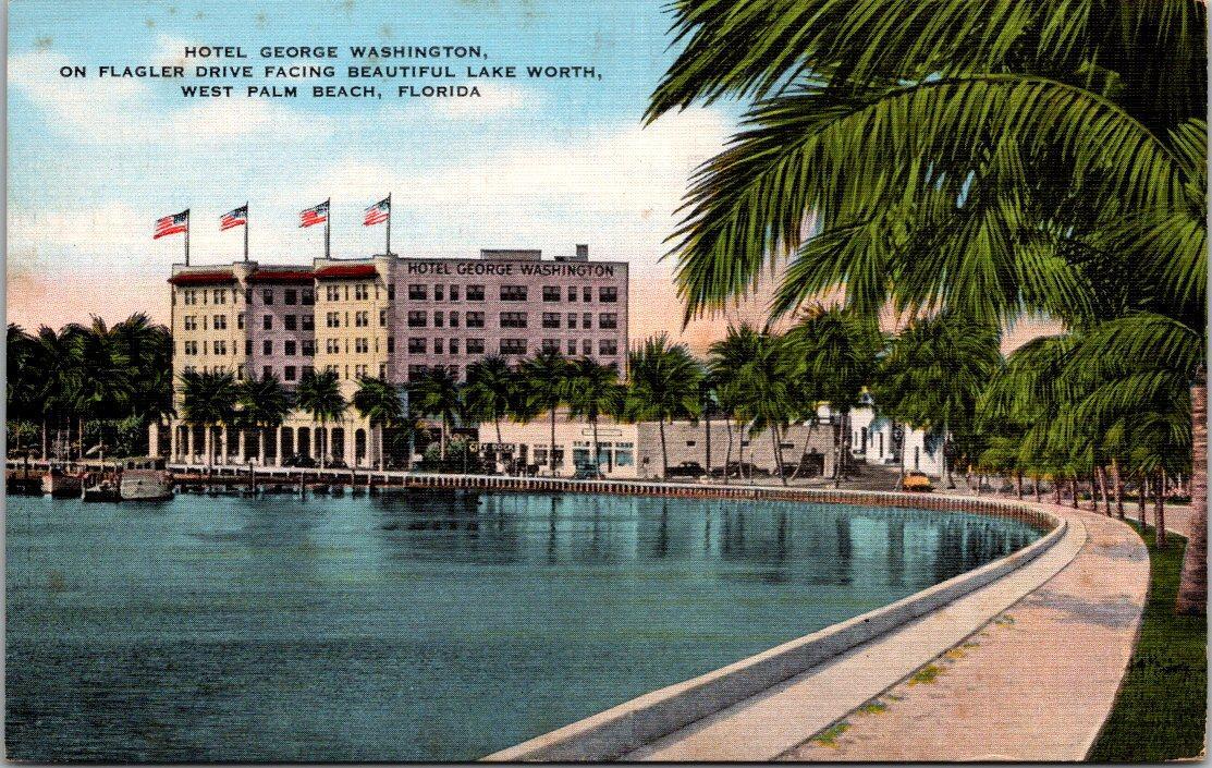 Vtg West Palm Beach Florida Hotel George Washington & Lake Worth Linen Postcard