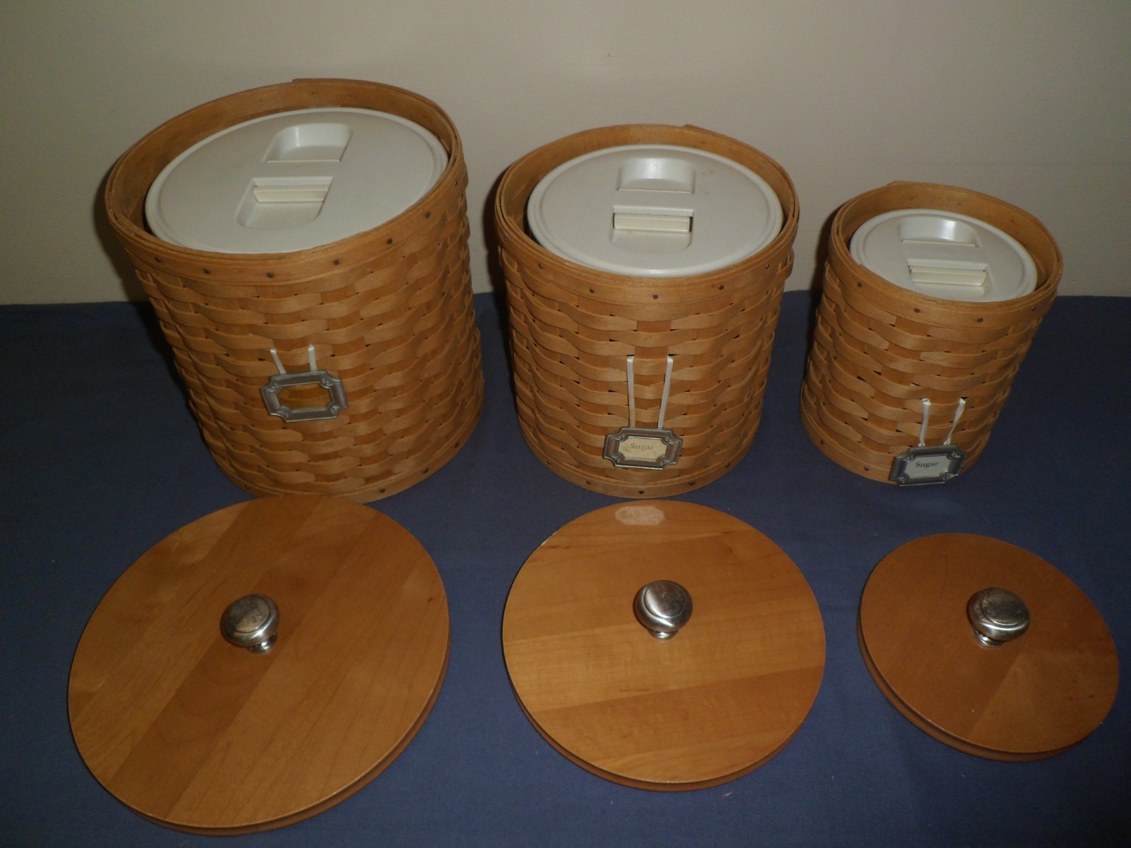 LONGABERGER BASKET CANNISTER SET, COMPLETE WITH HARD PLASTIC LINERS AND LIDS