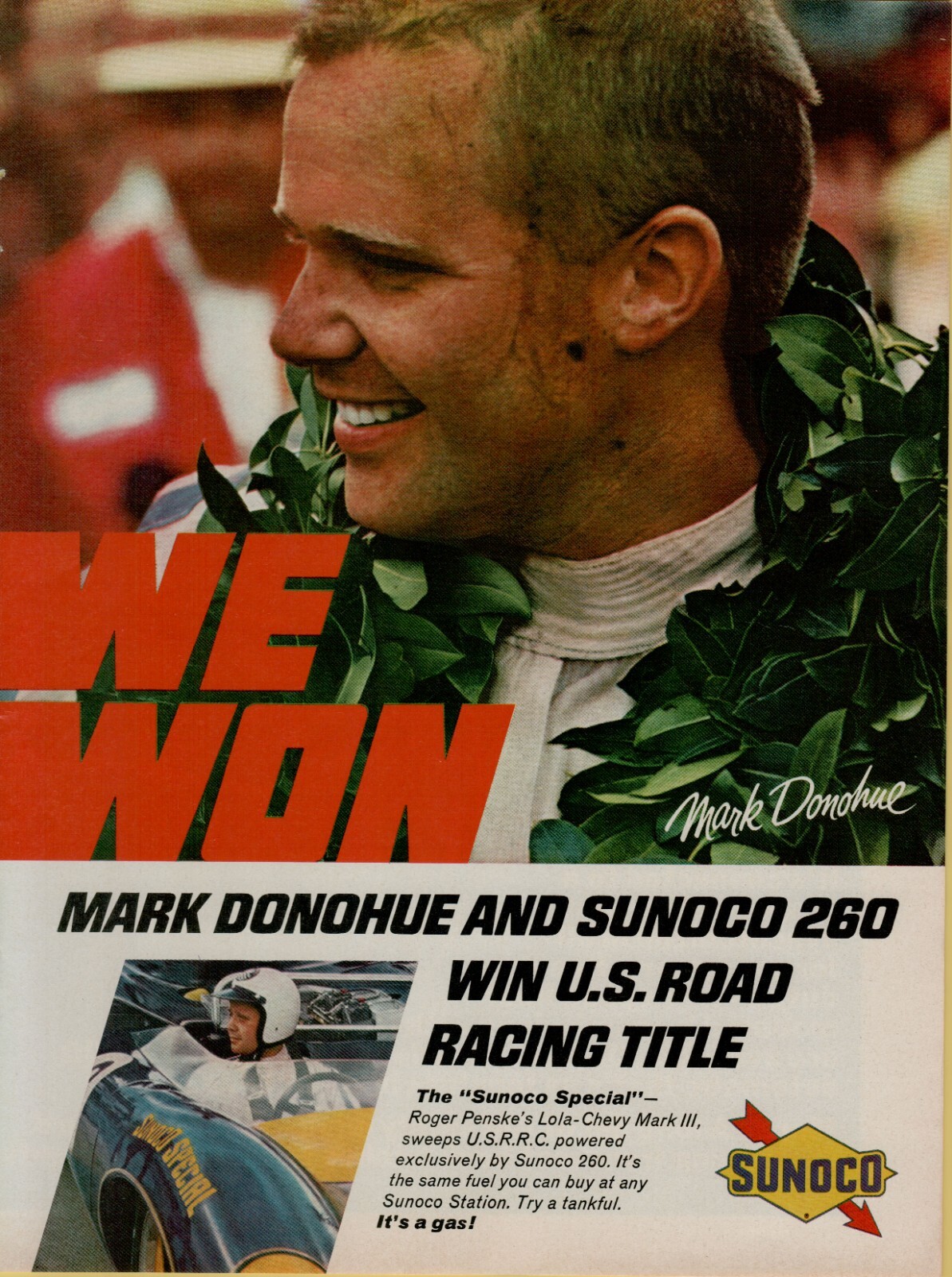 1967 Sunoco 260 Gasoline Mark Donohue U.S. Road Racing Lola Vintage Print Ad