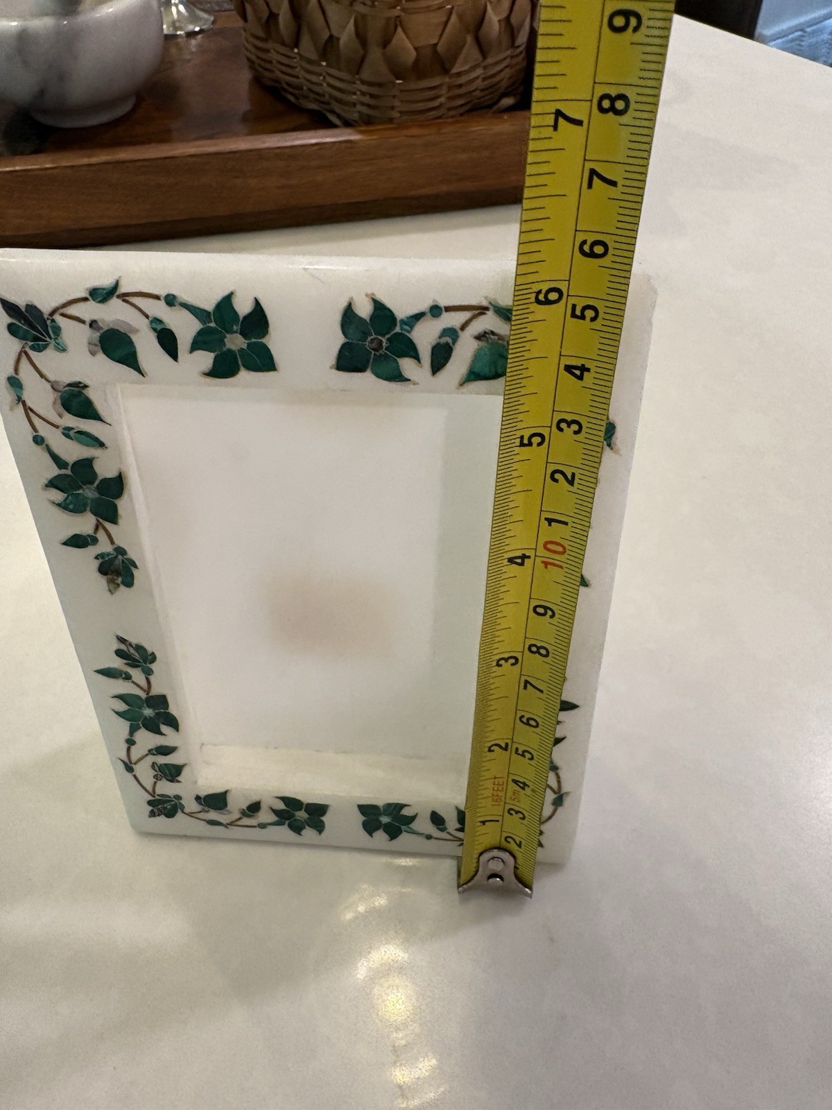 Authentic CCIC India White Marble Inlay Picture Frame Malachite Pietra Dura Art