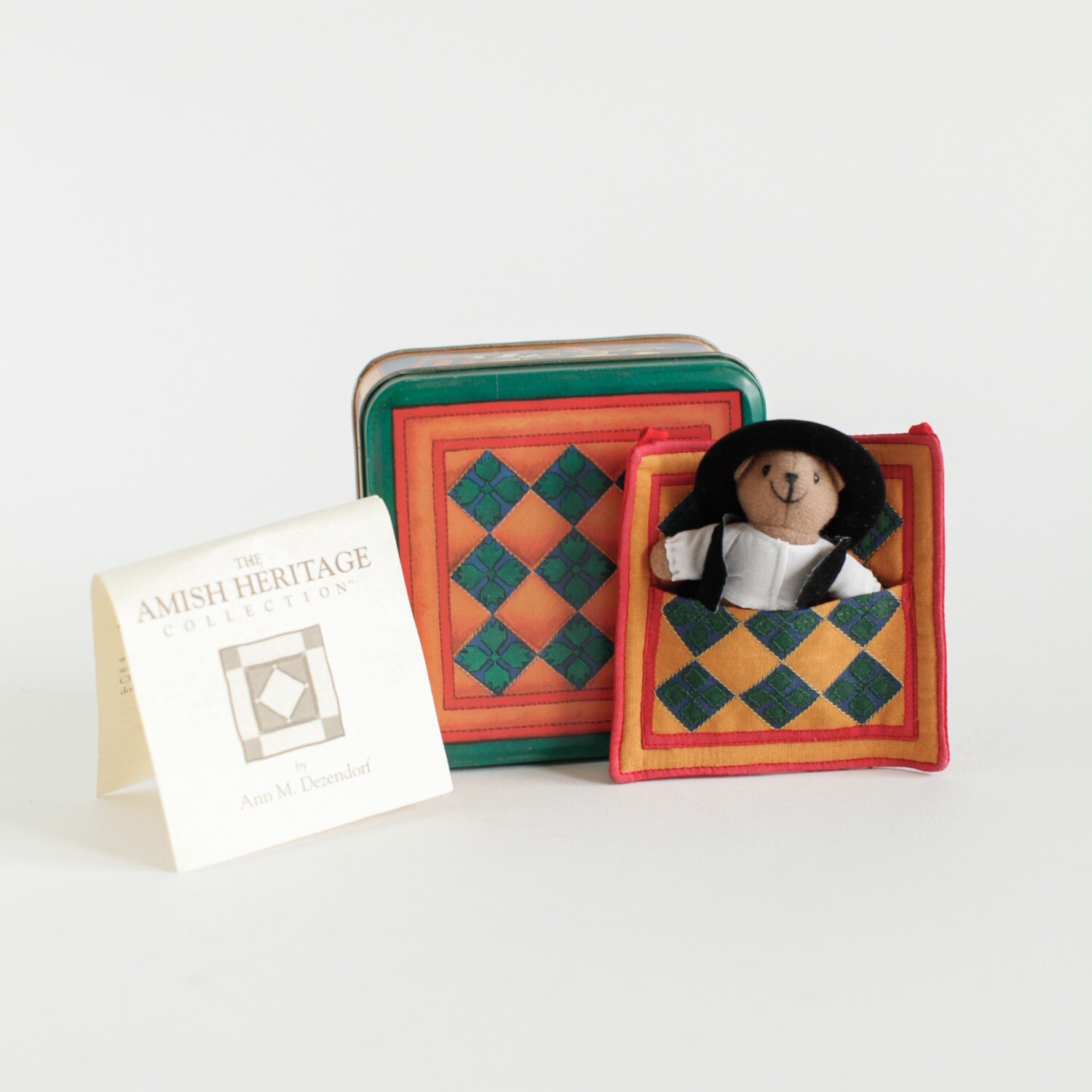Amish Heritage Bear Paw Quilt With Teddy Bear and Decorative Tin 1995