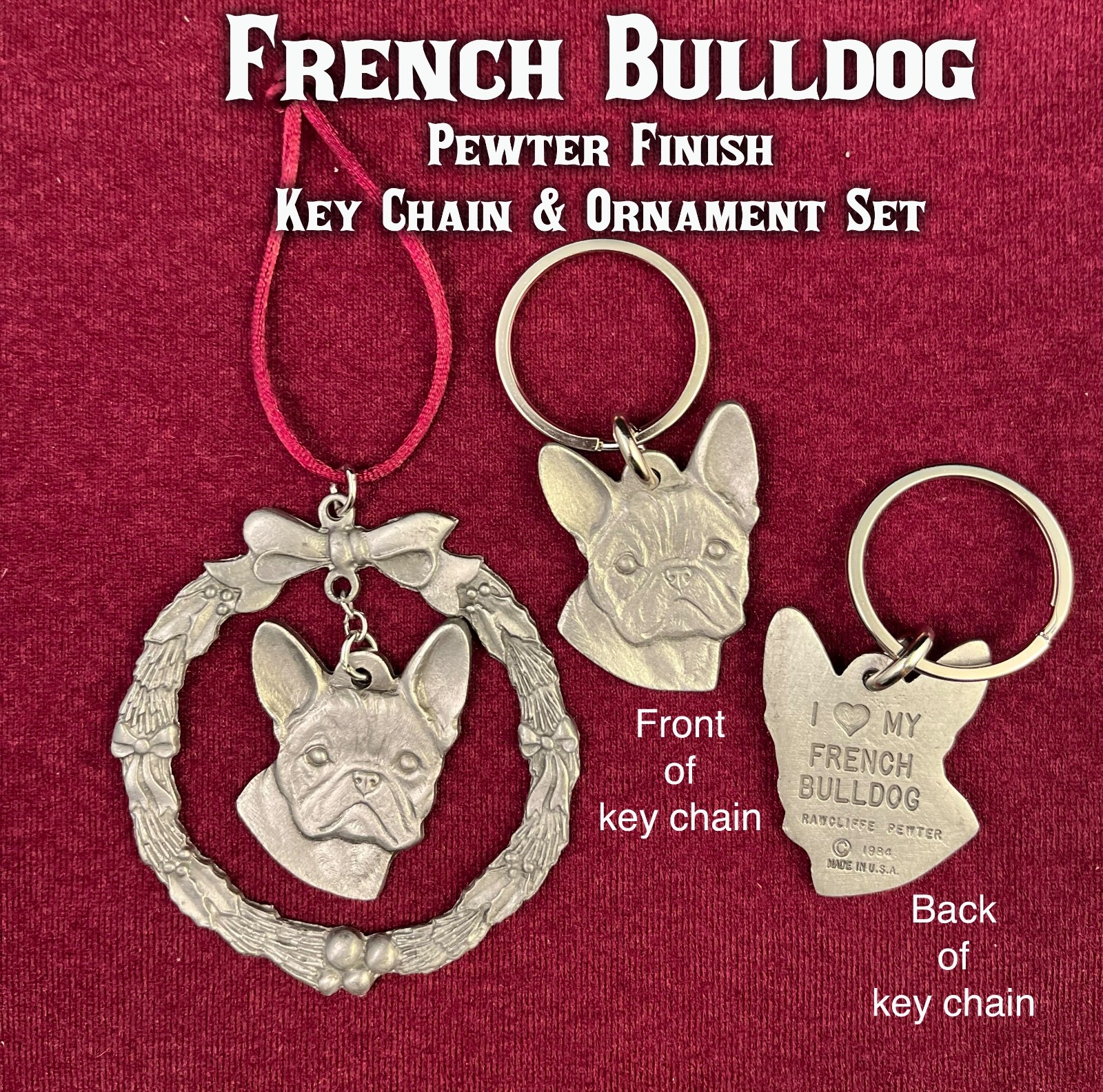 Rawcliffe Pewter French Bulldog “Frenchie” Key Chain and Ornament Set