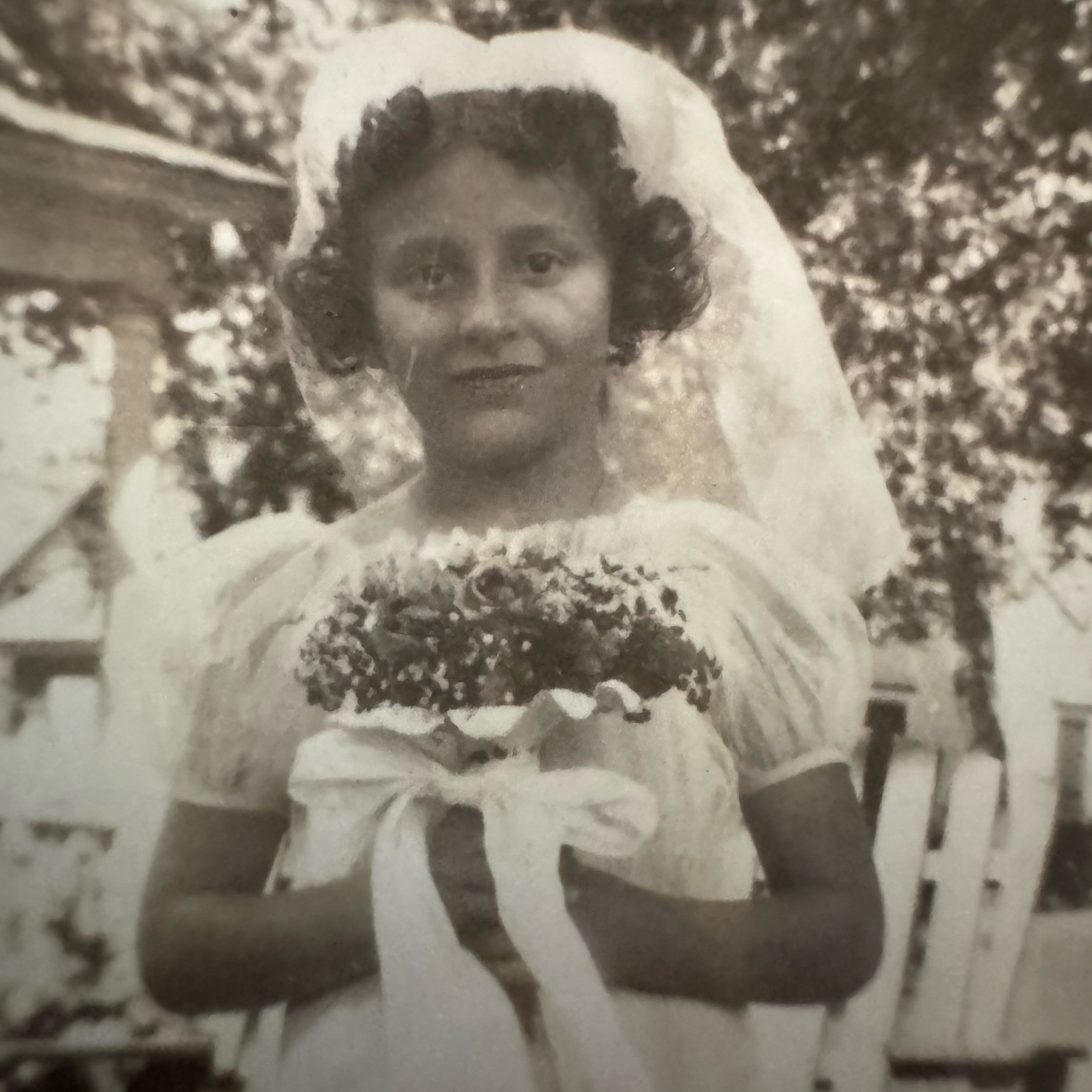 Vintage Old Candid Snapshot Photo Portrait Young Girl Holding Bouquet In Dress