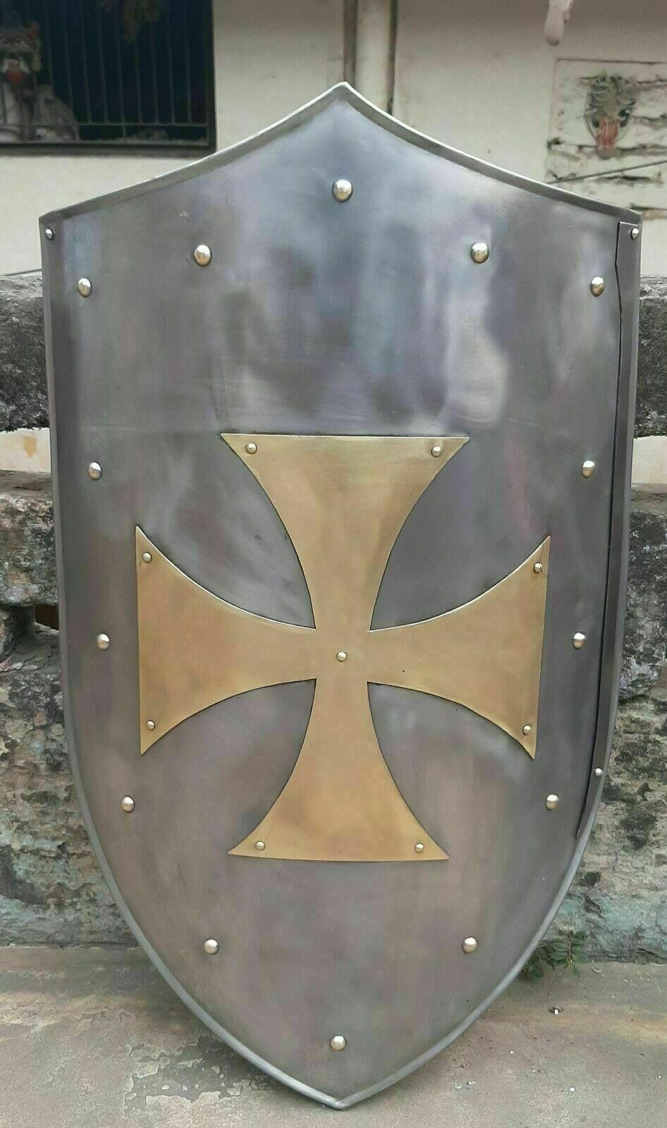 Knight Templar Brass Cross Shield 28″ 18Gauge Battle Armor Heater Shield
