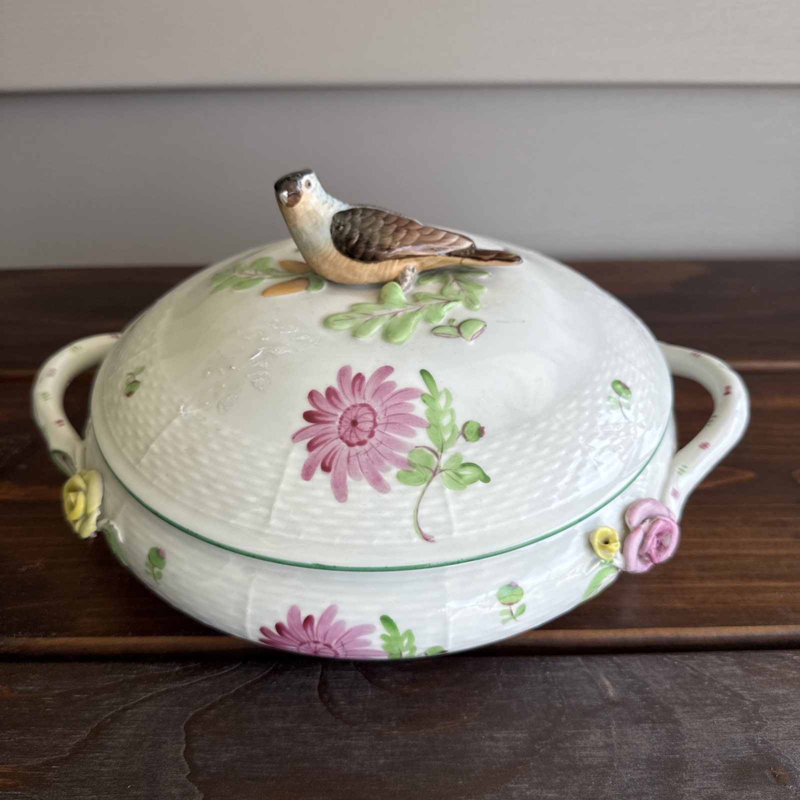 9.5” Rothschild Bird Top Tureen Herond Hungary Handpainted Porcelain Vintage