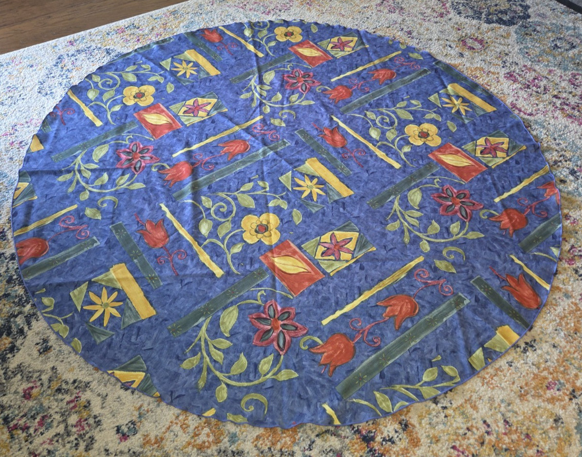Vintage Mid Century Modern Round Tablecloth 58″ Blue Red Yellow Floral Abstract