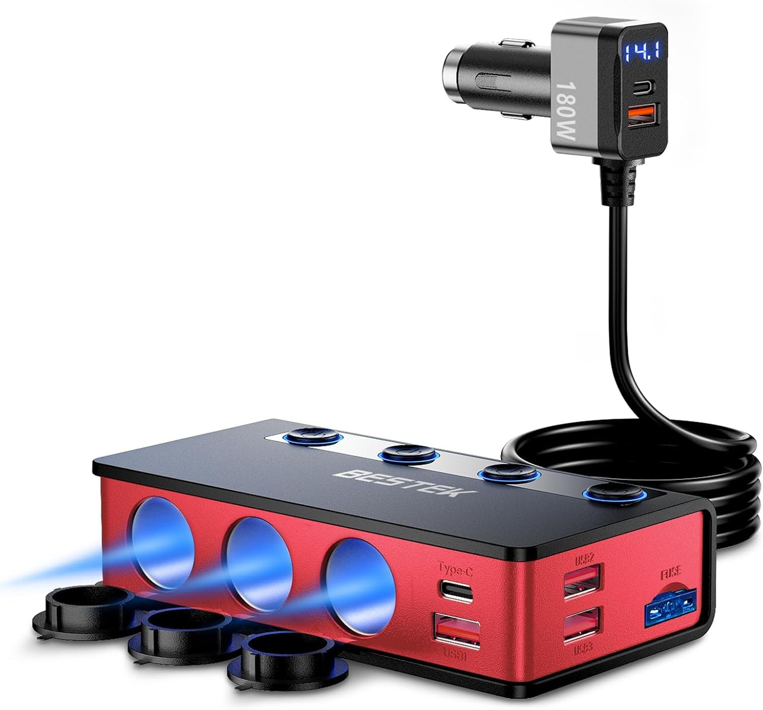 9-in-1 Car Cigarette Lighter Splitter with 3 Sockets & Fast Charging Ports