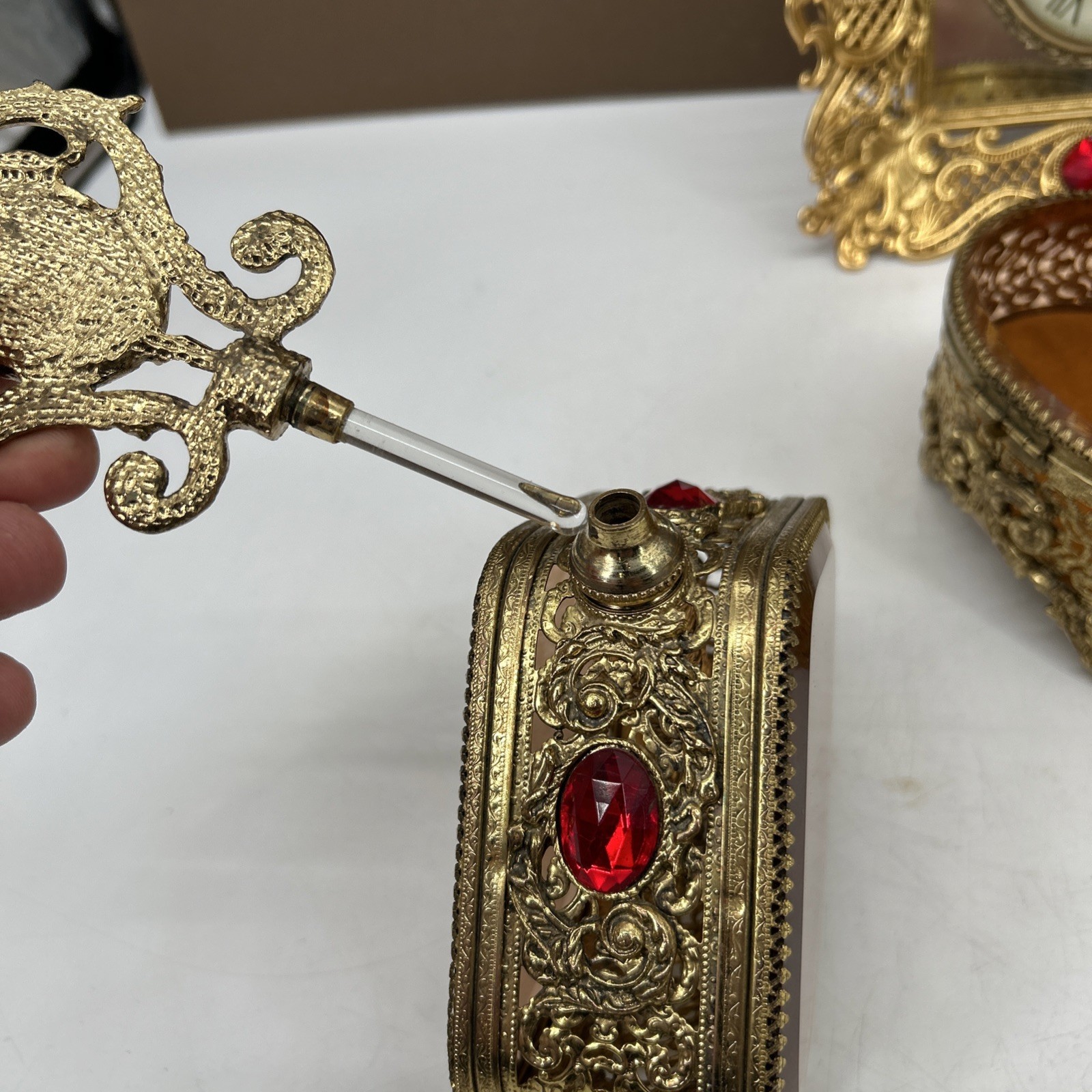 VTG Hollywood Regency Gold Ormolu Perfume Bottle Trinket Clock Filigree Vanity