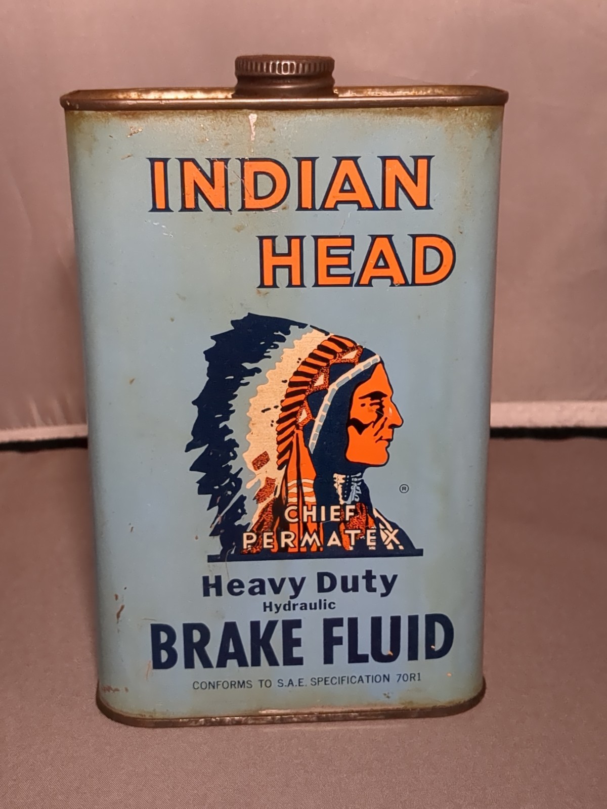 1959 Indian Head 89E Brake Fluid Hydraulic Can 1 Quart Qt 7″ vintage Open Empty