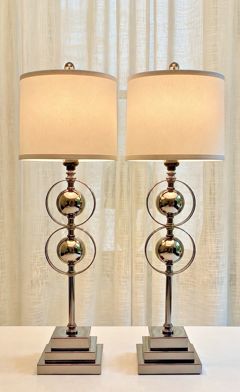 Pair 1970s Postmodern Chrome Orb Table Lamps Gunmetal Art Deco Revival / Modern