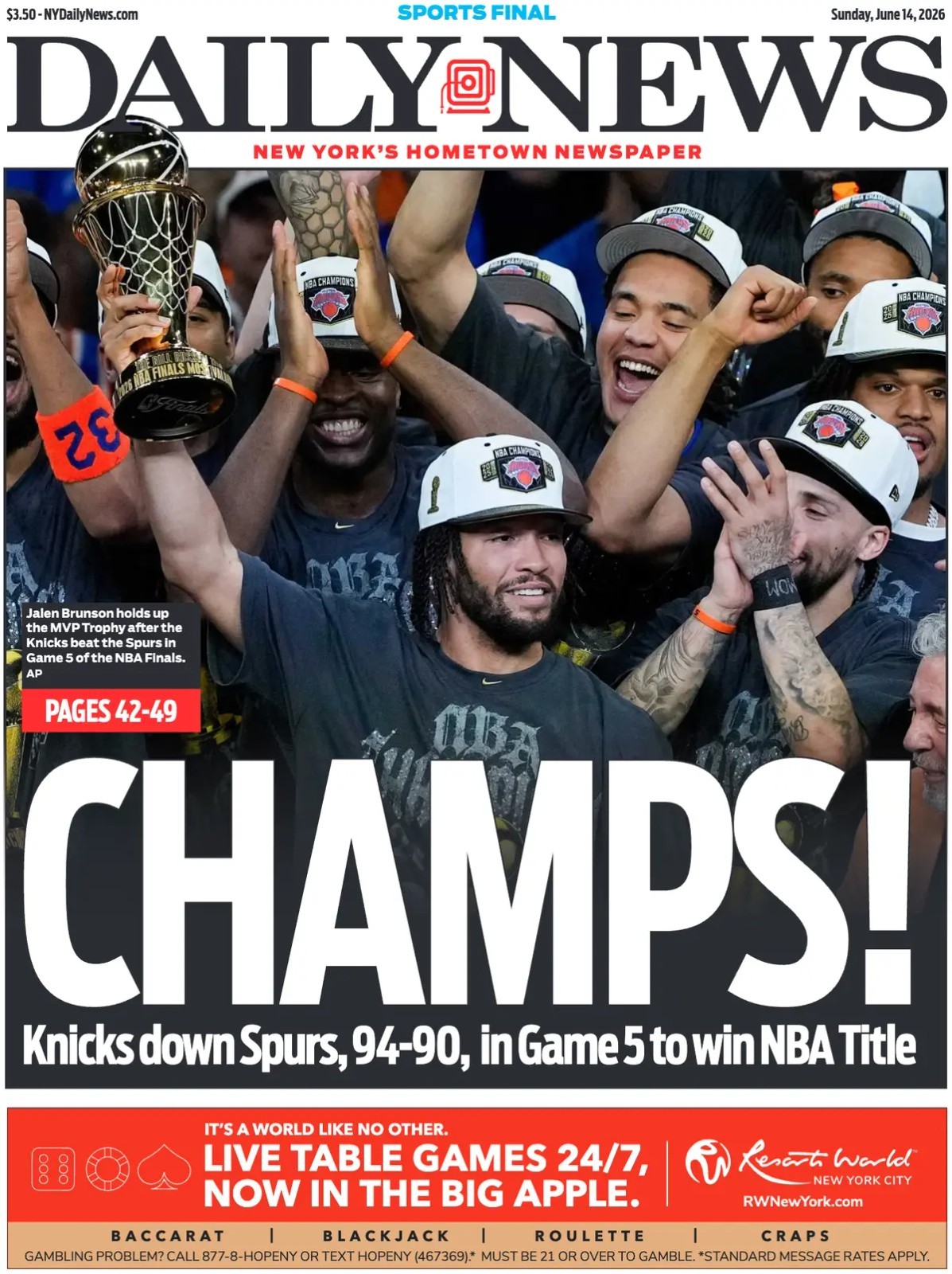 New York Knicks NBA Champions Jalen Brunson MVP NY Daily News 6/14/2026