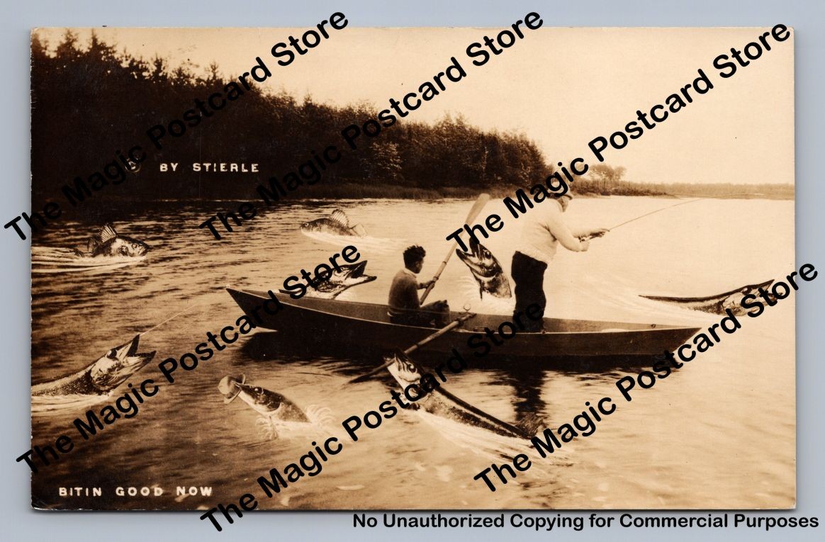 “Bitin Good Now” Vintage Fishing Exaggeration RPPC Stierle Wisconsin Photo 1930s
