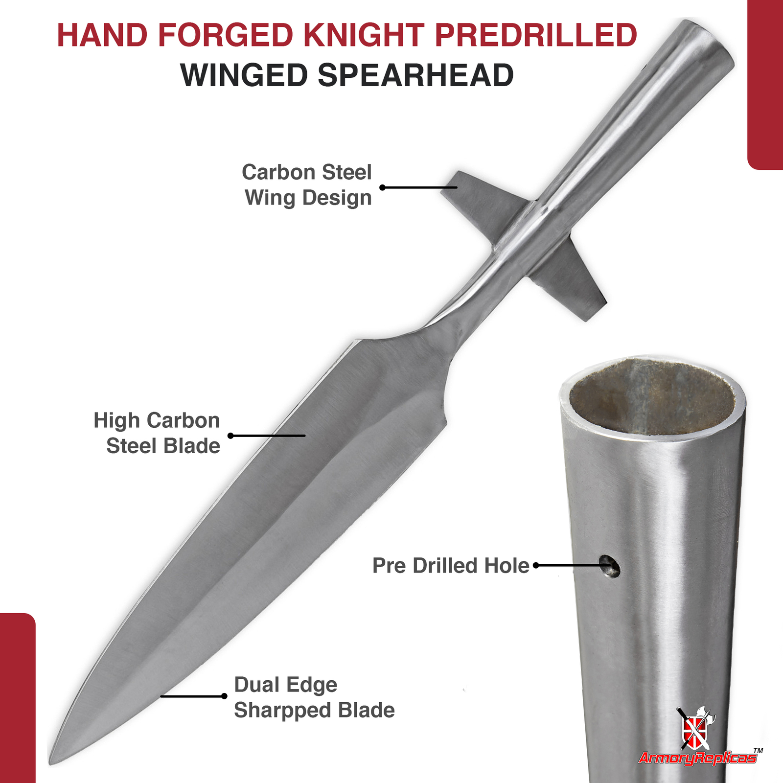 Functional Hand Forged Medieval High Carbon Steel Predrilled Winged Spear Head