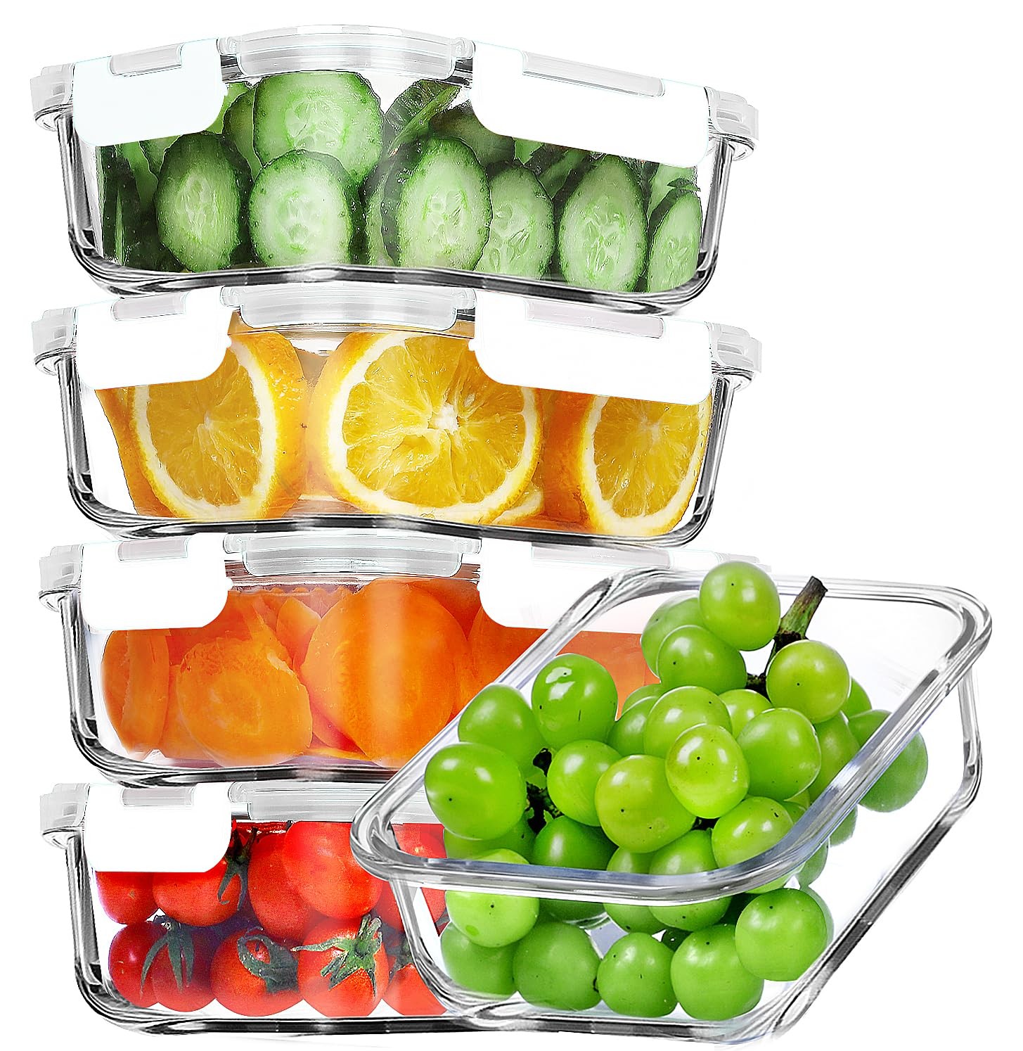 VERONES 5 Pack 36 OZ Glass Meal Prep Containers, Airtight 36 OZ, White