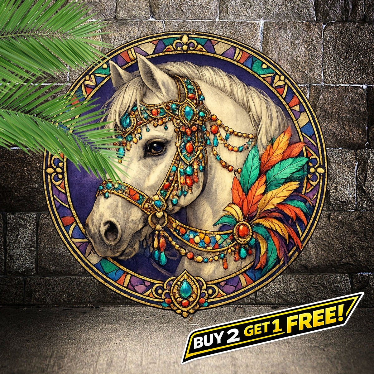 Elegant White Horse with Feathers Round Metal Wall Art 8×8 Sign