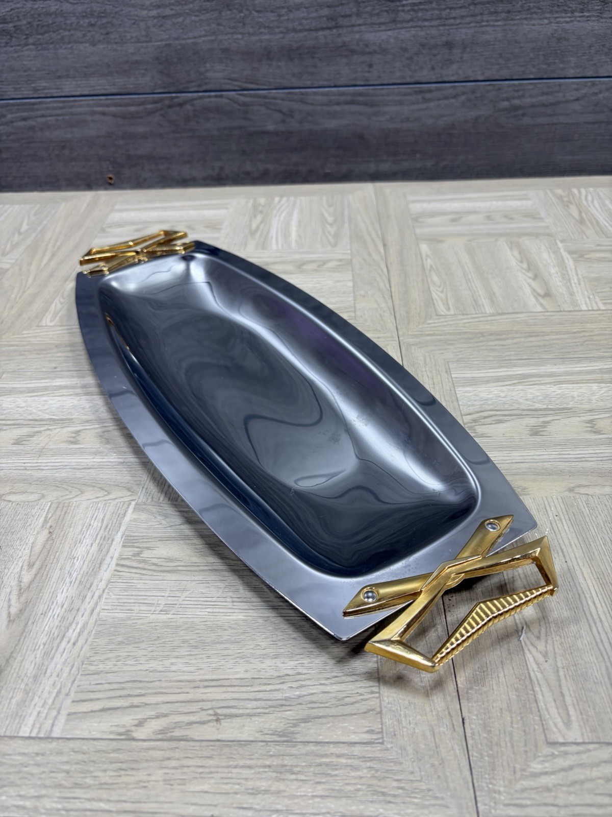 Kromex Oblong 17.5″ Serving Tray Platter Brass Handles Chrome MCM USA Made