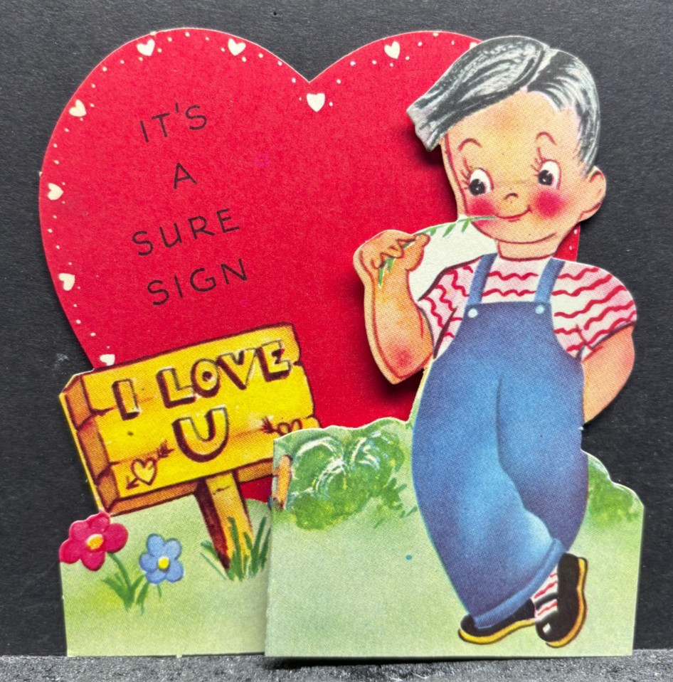 1940s A-Meri-Card Stand-up Valentine’s Day Card – Boy in Coveralls, A Sure Sign