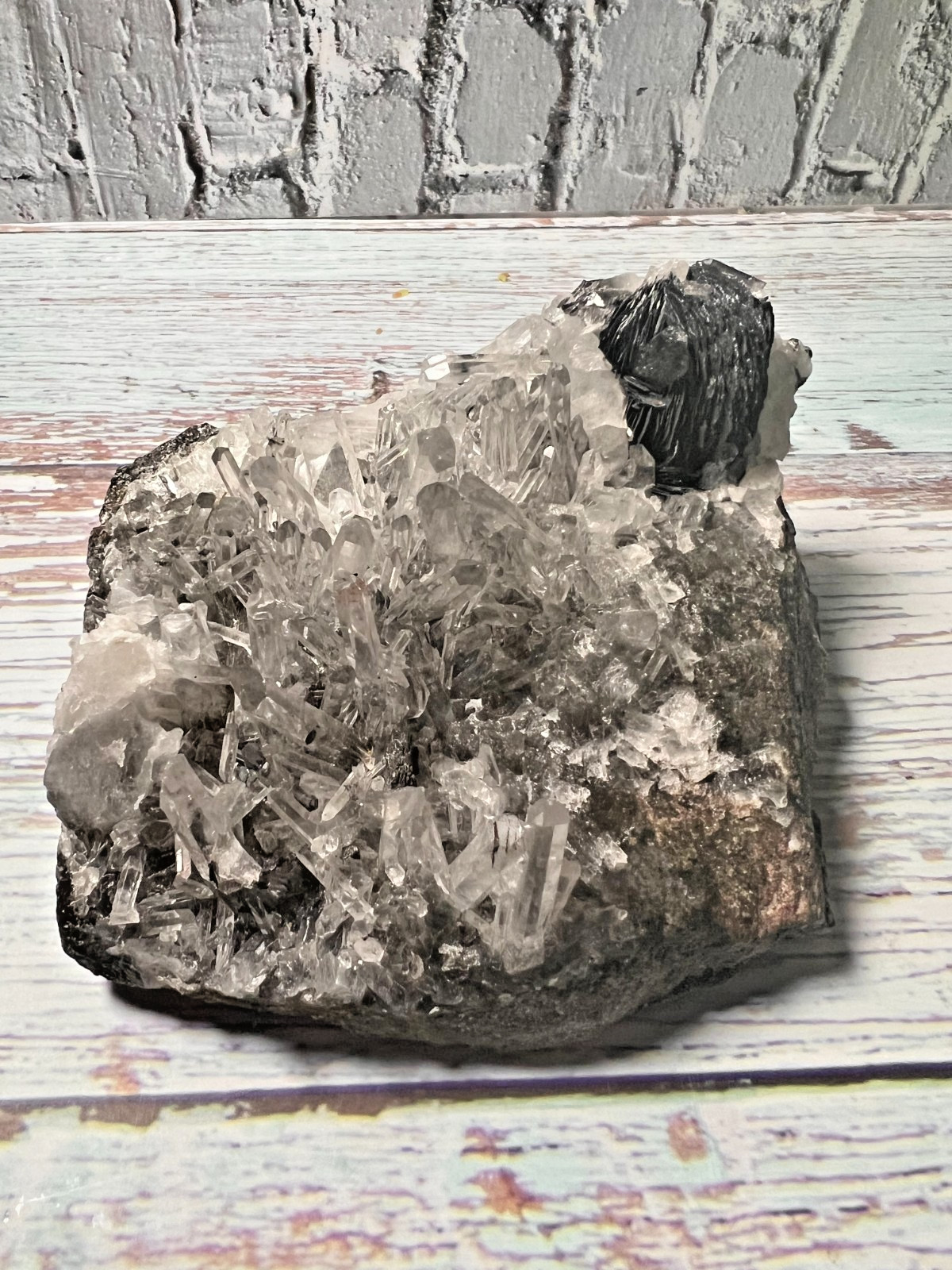 Specular Hematite with Quartz on Matrix – 584g – 2.1″ H x 4.1″ W