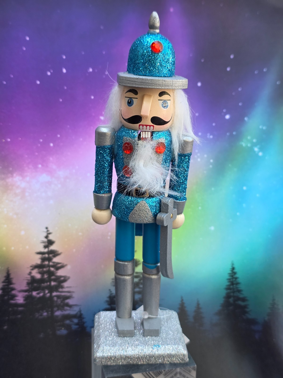 New Glittered 6.85″ Wood Nutcracker Figure Christmas turquoise blue Figurine