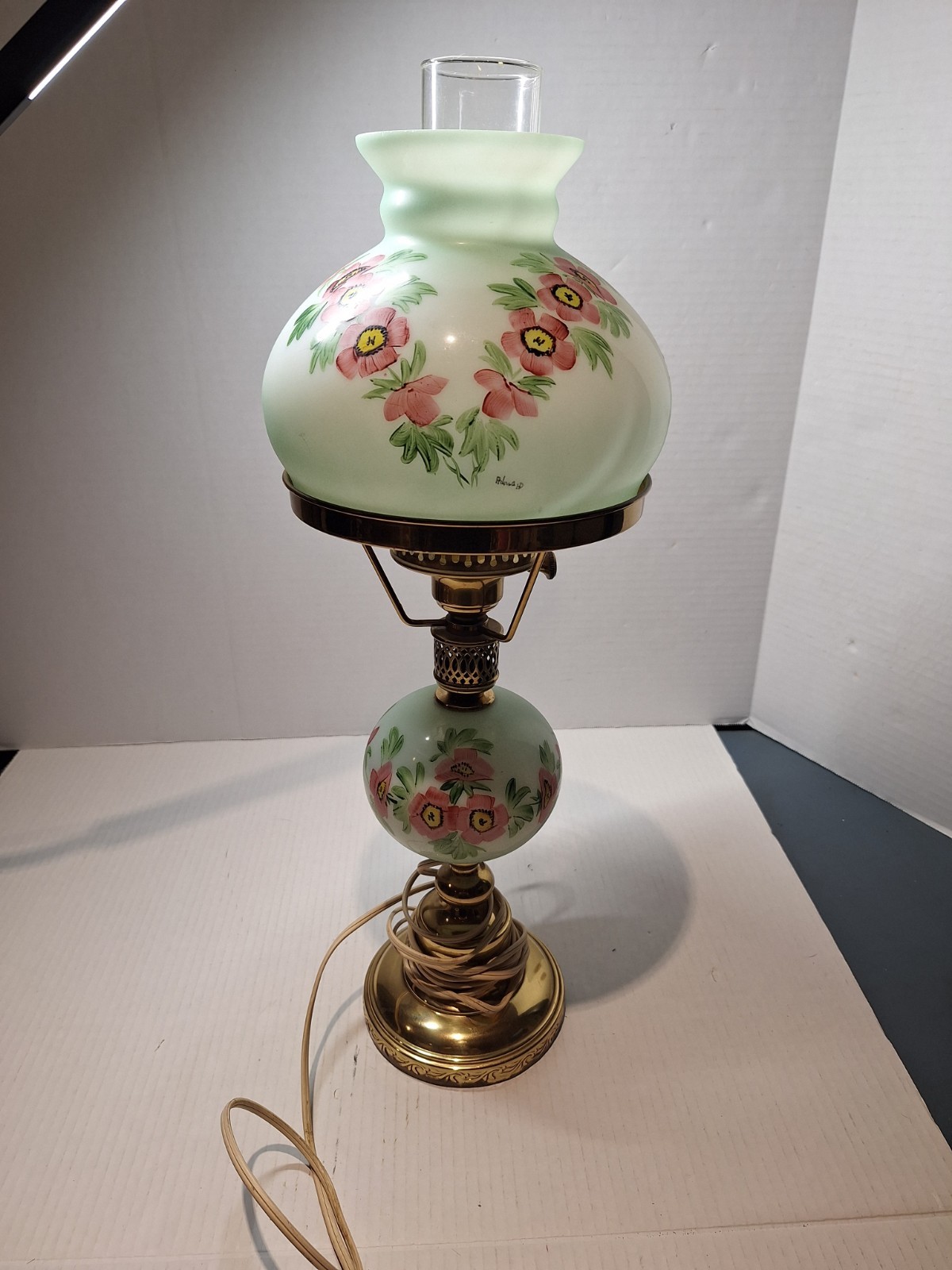Vintage Victorian Hurricane Lamp Floral 21 In Tall Tested Works!! Signed