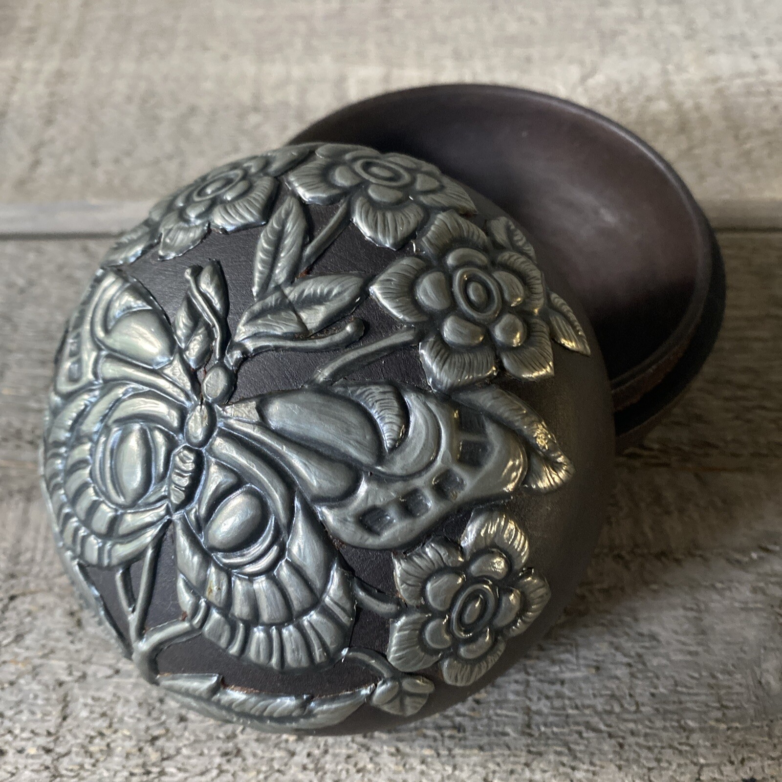 Turned Wood Trinket Box Pewter Etched Signed By Artist 5”