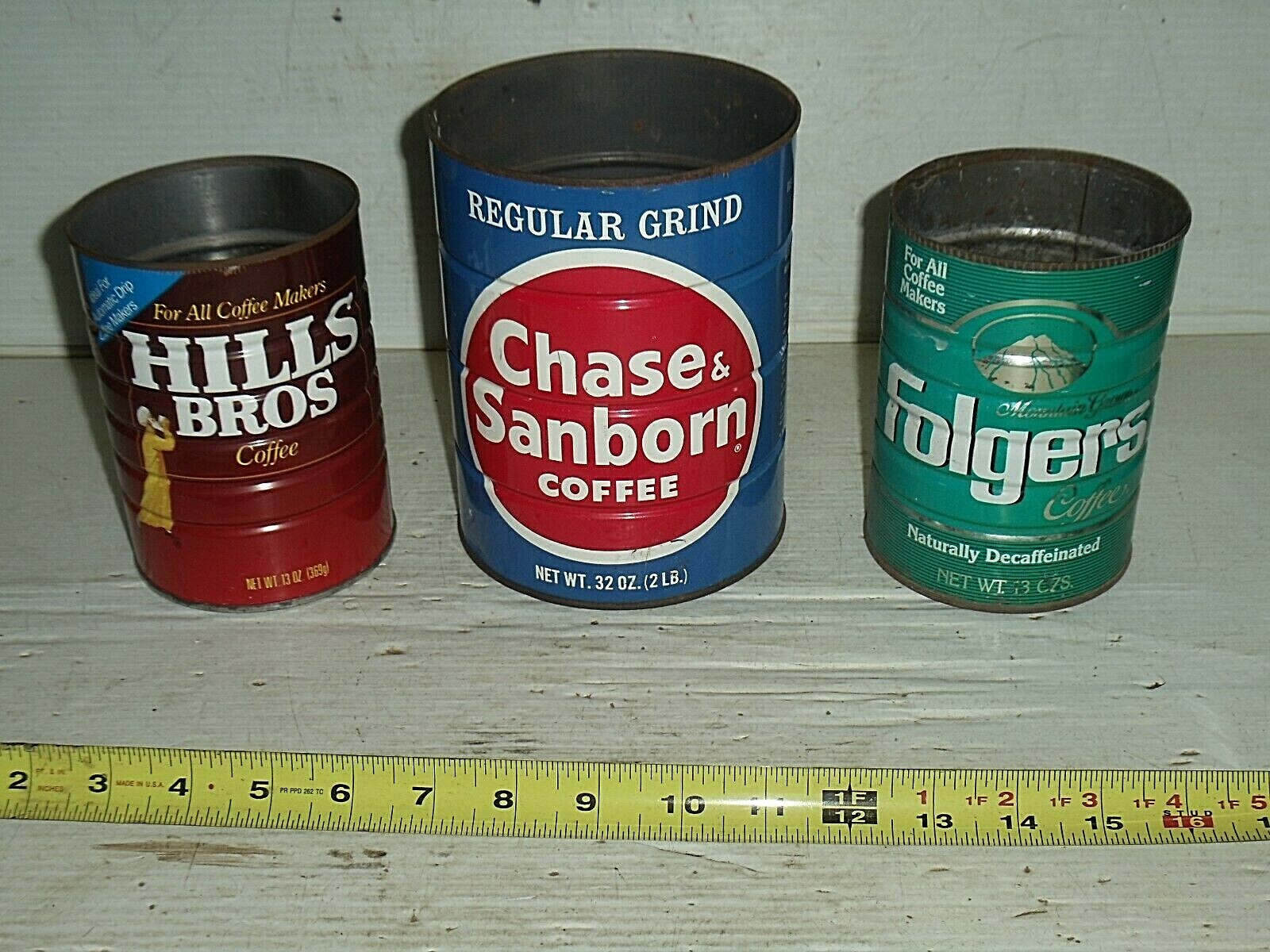 3 Old Vintage Tin Cans Coffee Chase Sanborn Hills Bros Folgers
