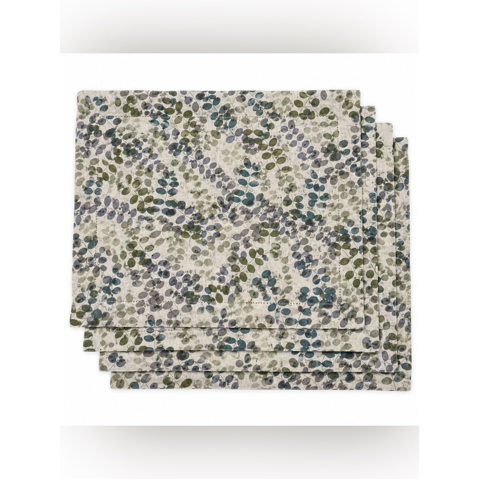 Noble Excellence Botanical Leaf Placemats Set of 4 Cotton Linen Blue Green