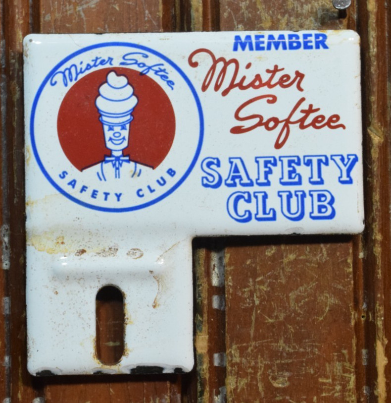 MISTER SOFTEE PORCELAIN METAL BICYCLE TOPPER SIGN VINTAGE 1950s SAFETY CLUB