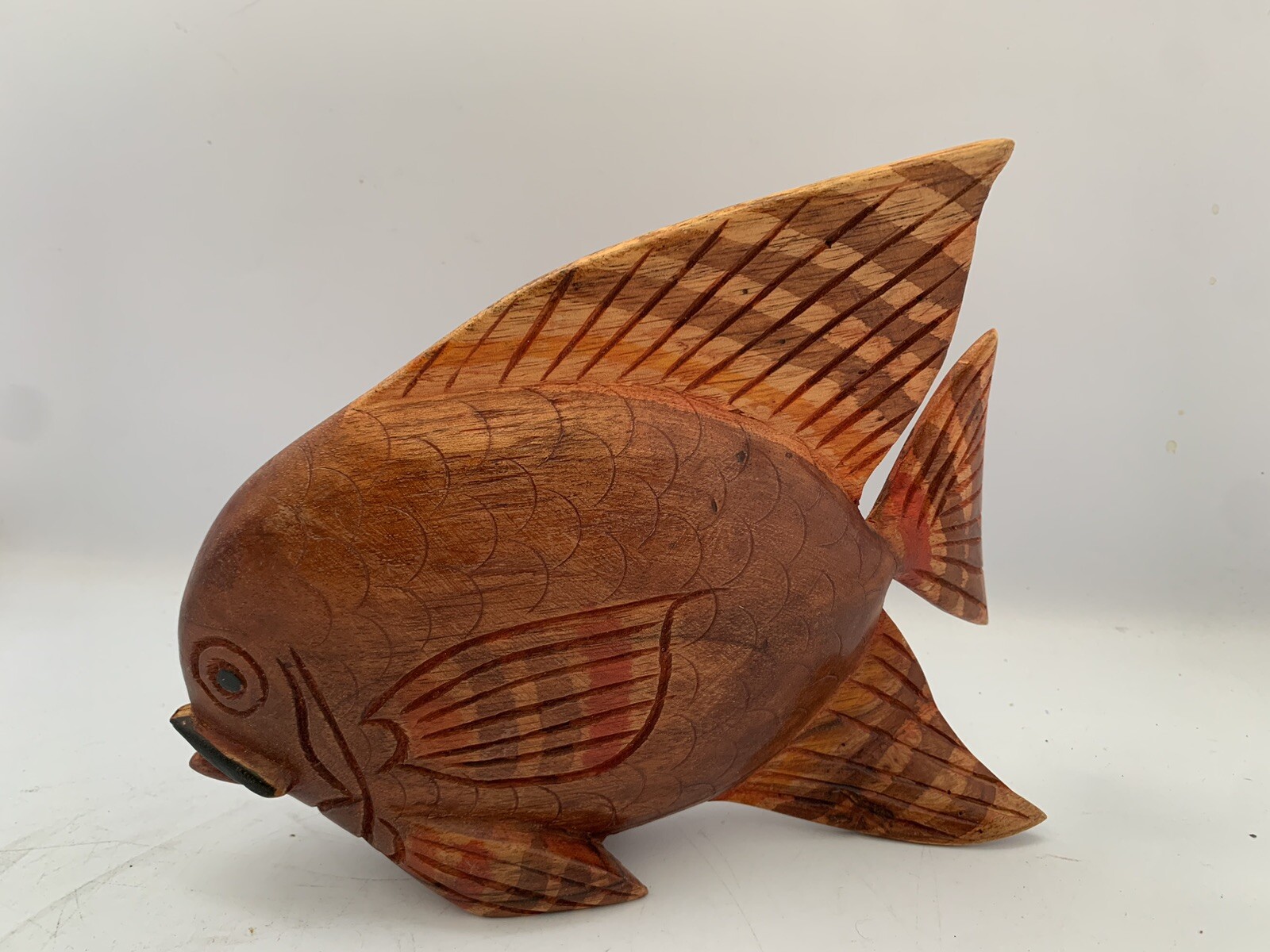 Hand Carved Wood Fish Sculpture Statue 10”L Tiki Bar Beach Folk Art Decor Brown