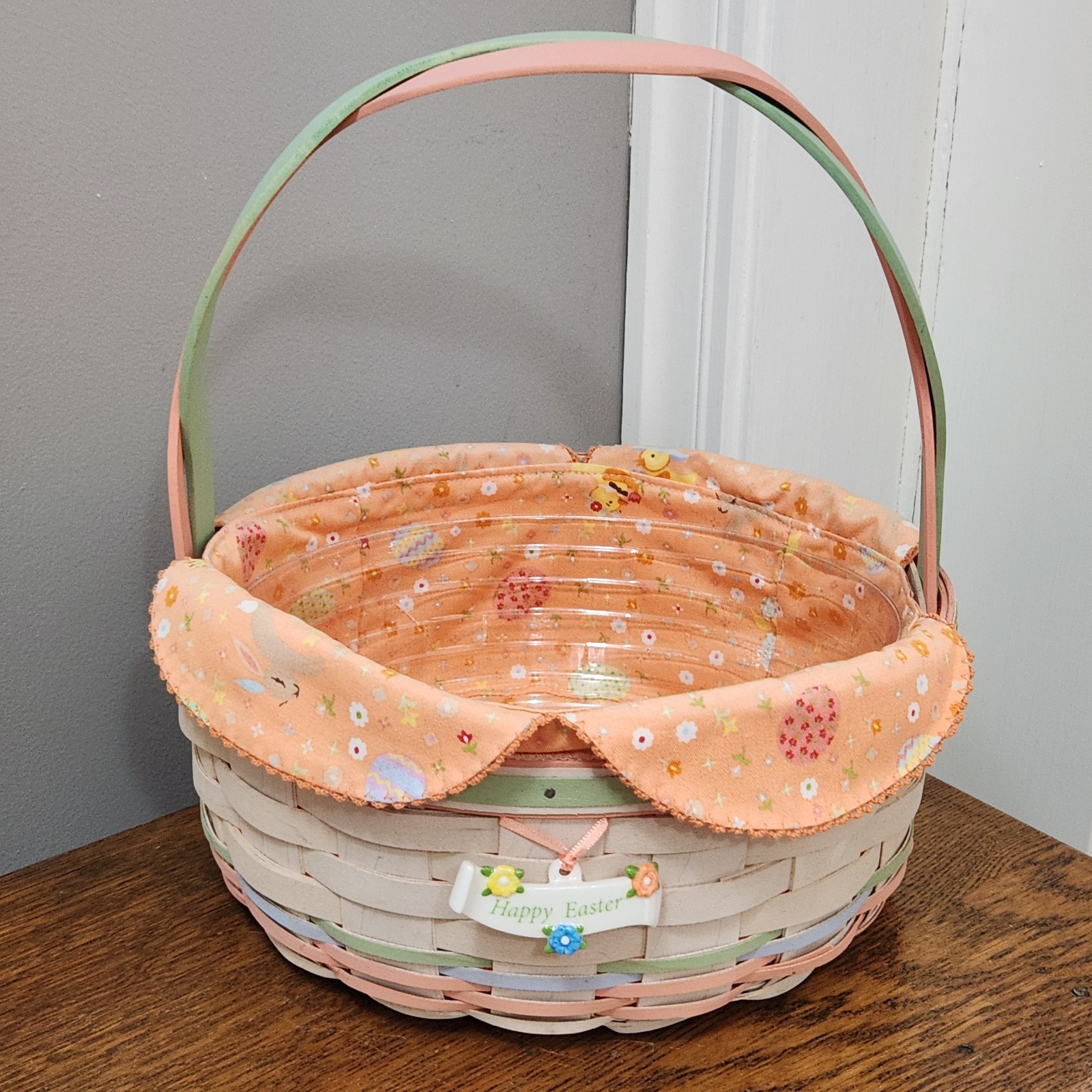 Longaberger 2009 White Wash Easter Basket+Protector+Fabric Liner+Pottery Tie On