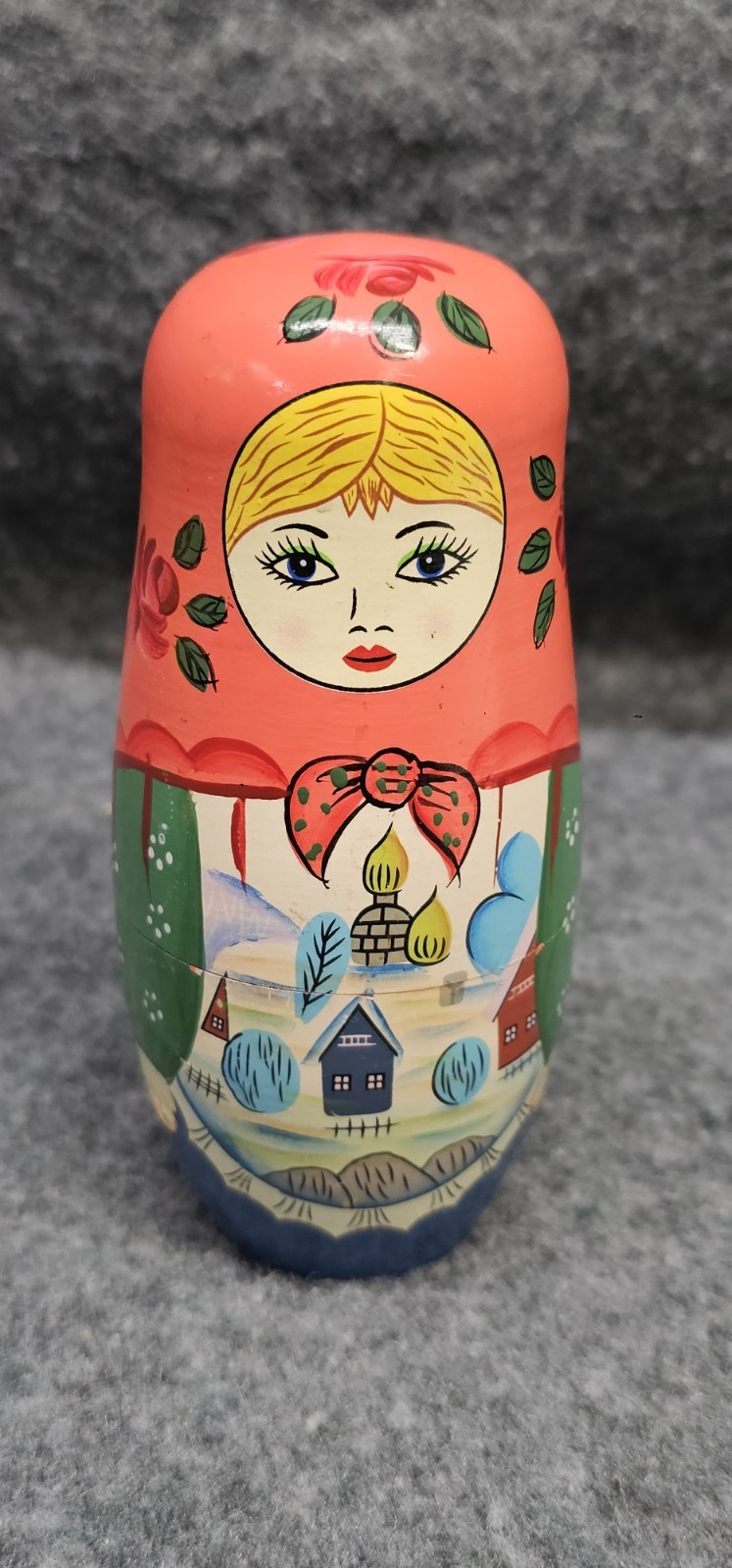 Vintage Russian Wooden Hand Painted 5 Nesting Dolls Fun Stacking Blonde Girl