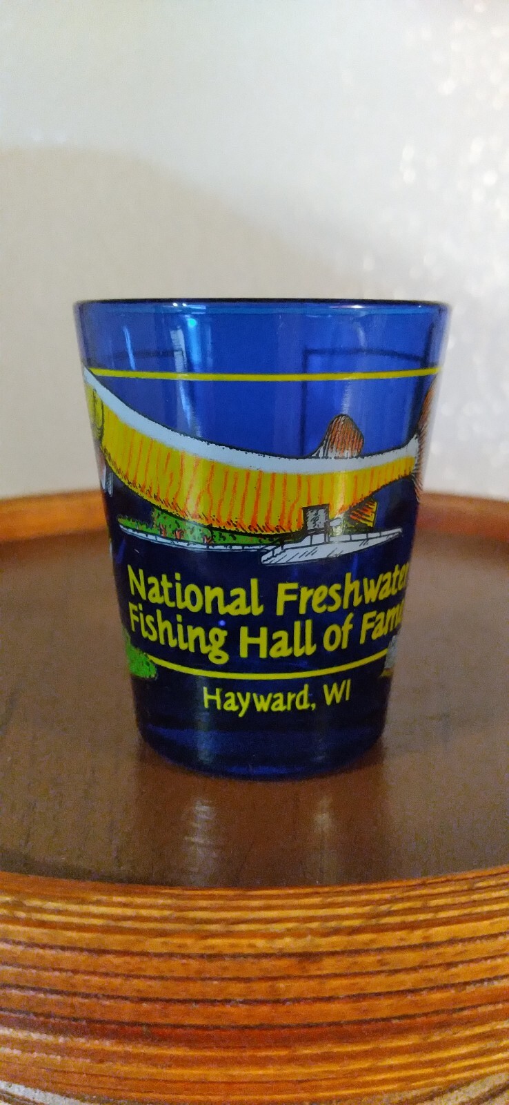 VINTAGE FRESHWATER FISHING HALL OF FAME SHOT GLASS HAYWARD WI BLUEGILL, MUSKIE