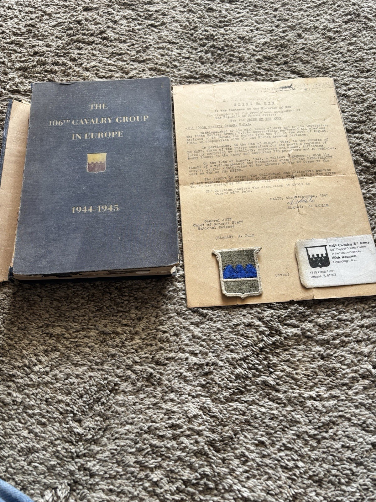 WW2 106 th Cavalry In Europe Book Letter Of Citation Signed By De Gaulle