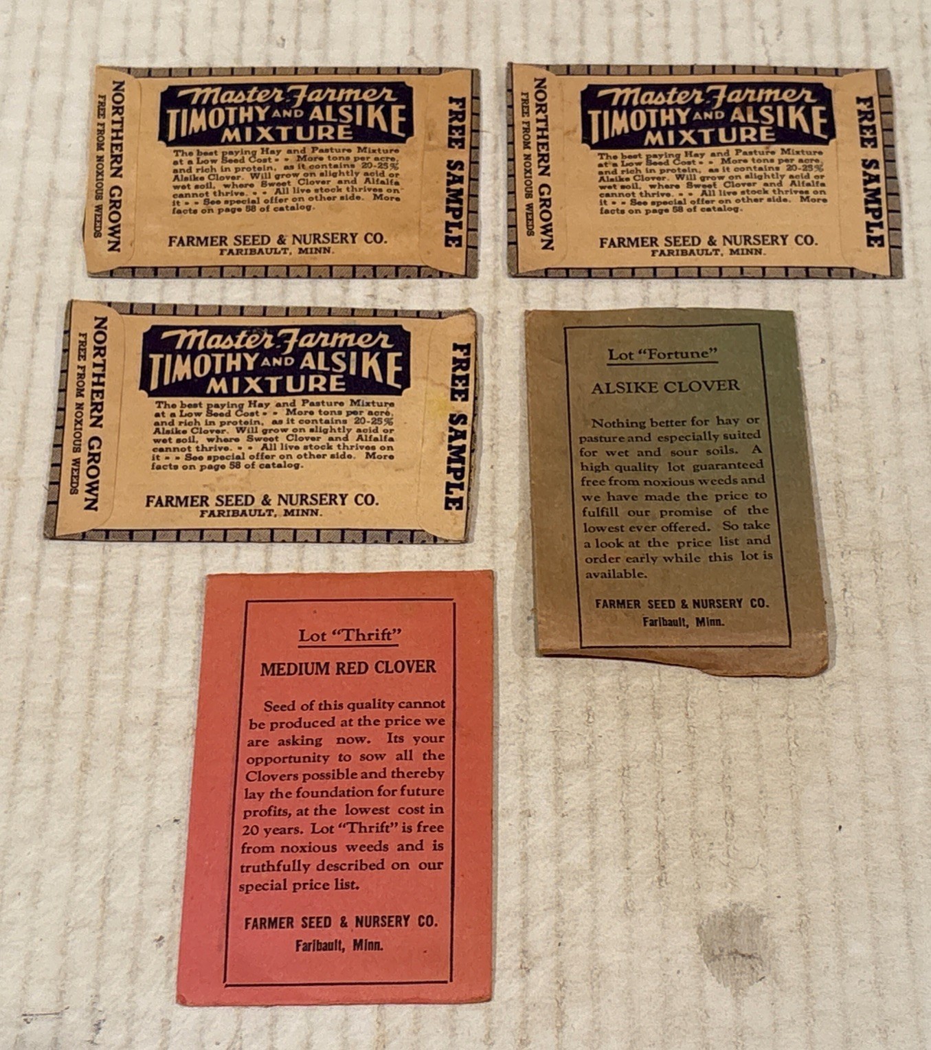 Vintage Farmer Seed & Nursery Co. Seed Sample Packets Lot Of 5 Faribault, Minn.
