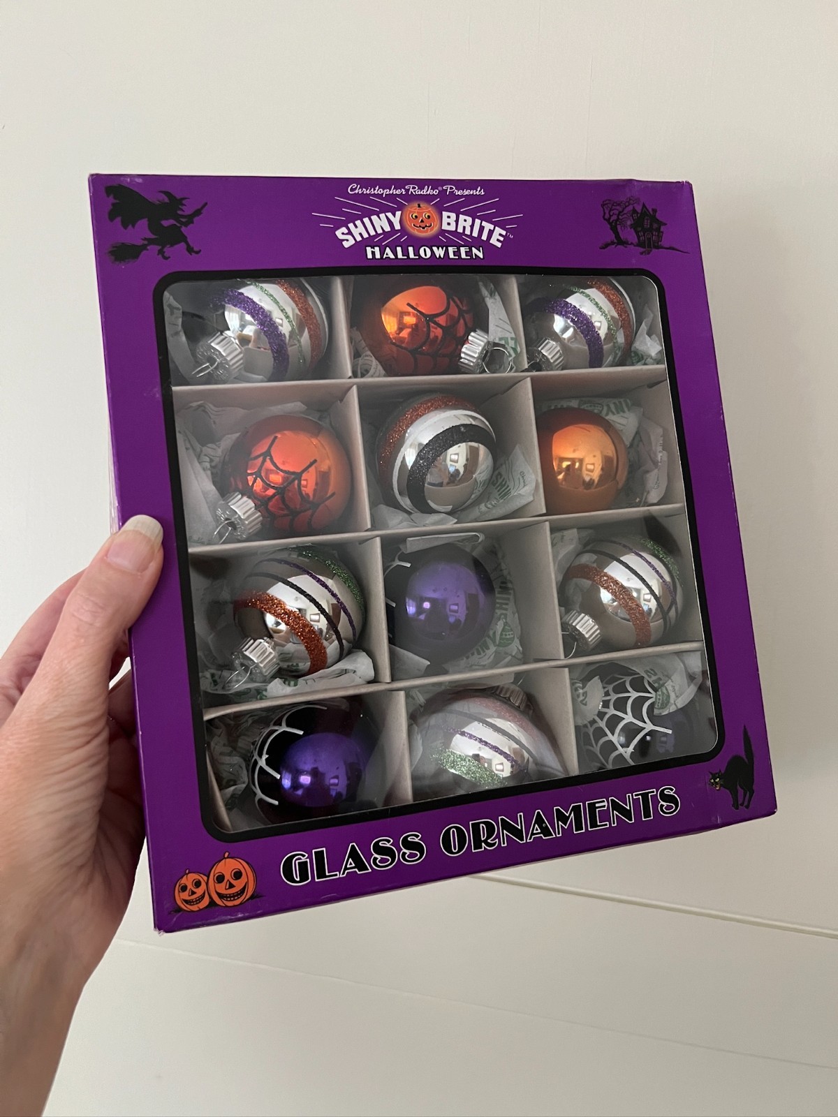 Radko SHINY BRITE HALLOWEEN Glass Ornament Set Spiderwebs Stripes Orange Purple