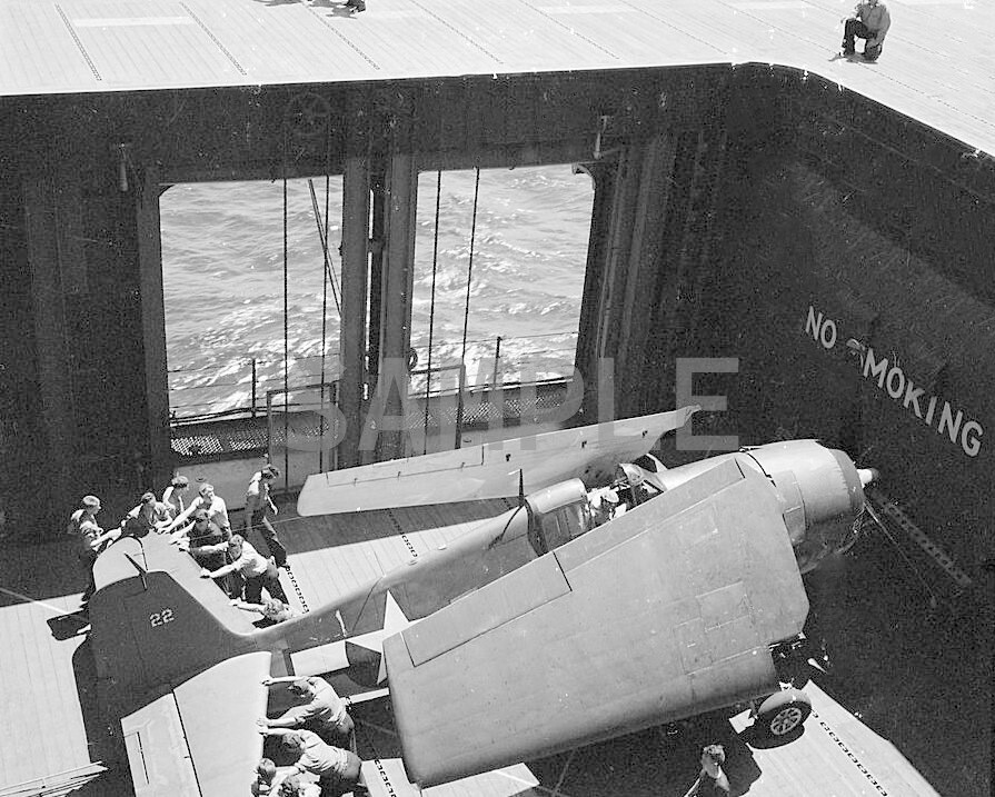 USS Monterey bringing a F6F to the Flight Deck on Elevator 8×10 WWII Photo 151a