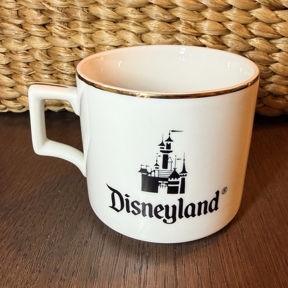 Disneyland White Mug with Castle Logo in Black with Gold Rim produced in 1970’s