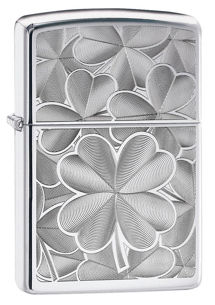 Zippo Engraved Four Leaf Clovers Lighter, High Polish Chrome NEW IN BOX