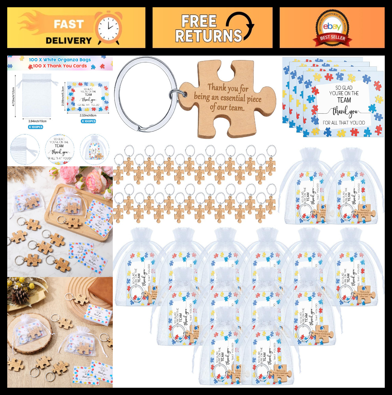 Team Appreciation Gift – Bulk Wooden Puzzle Keychain & Thank You Card for Employ