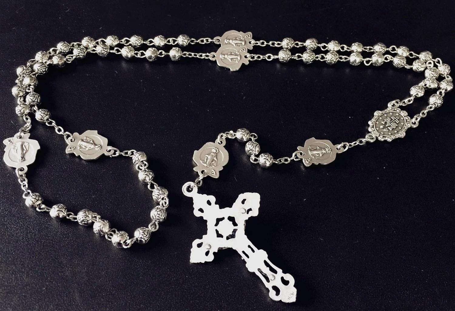 Handmade 925 Silver Rose Beads Catholic 5-decade Rosary with Cross Gift ..