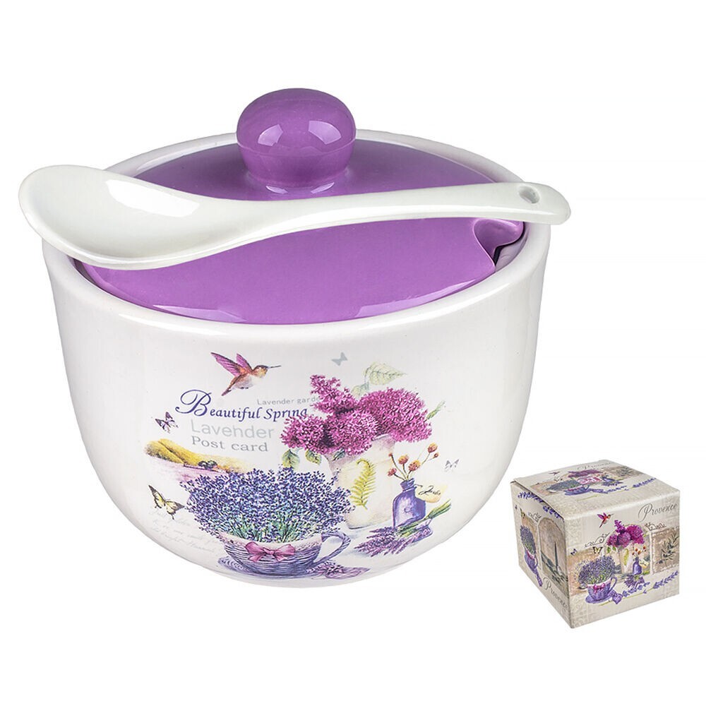 STPGoods Lavender Ceramic Jar with Spoon Lidded Sugar Bowl 15 oz Canister Purple