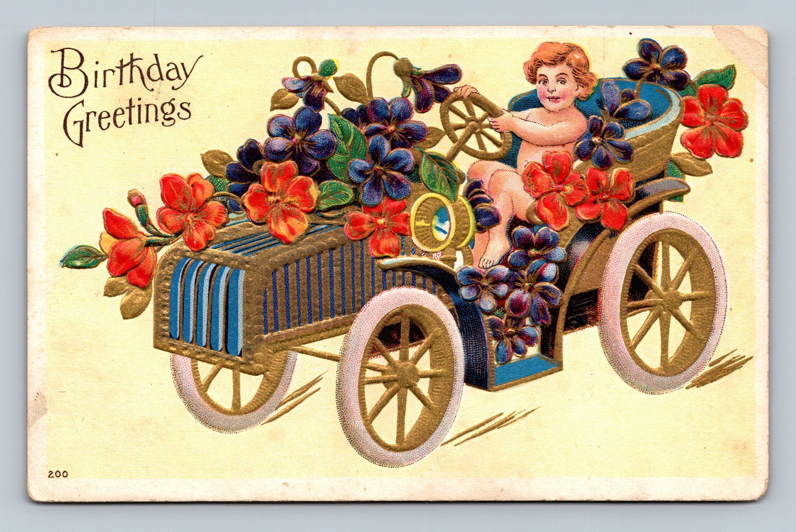 Postcard Birthday Greetings child driving automobile adorned with flowers