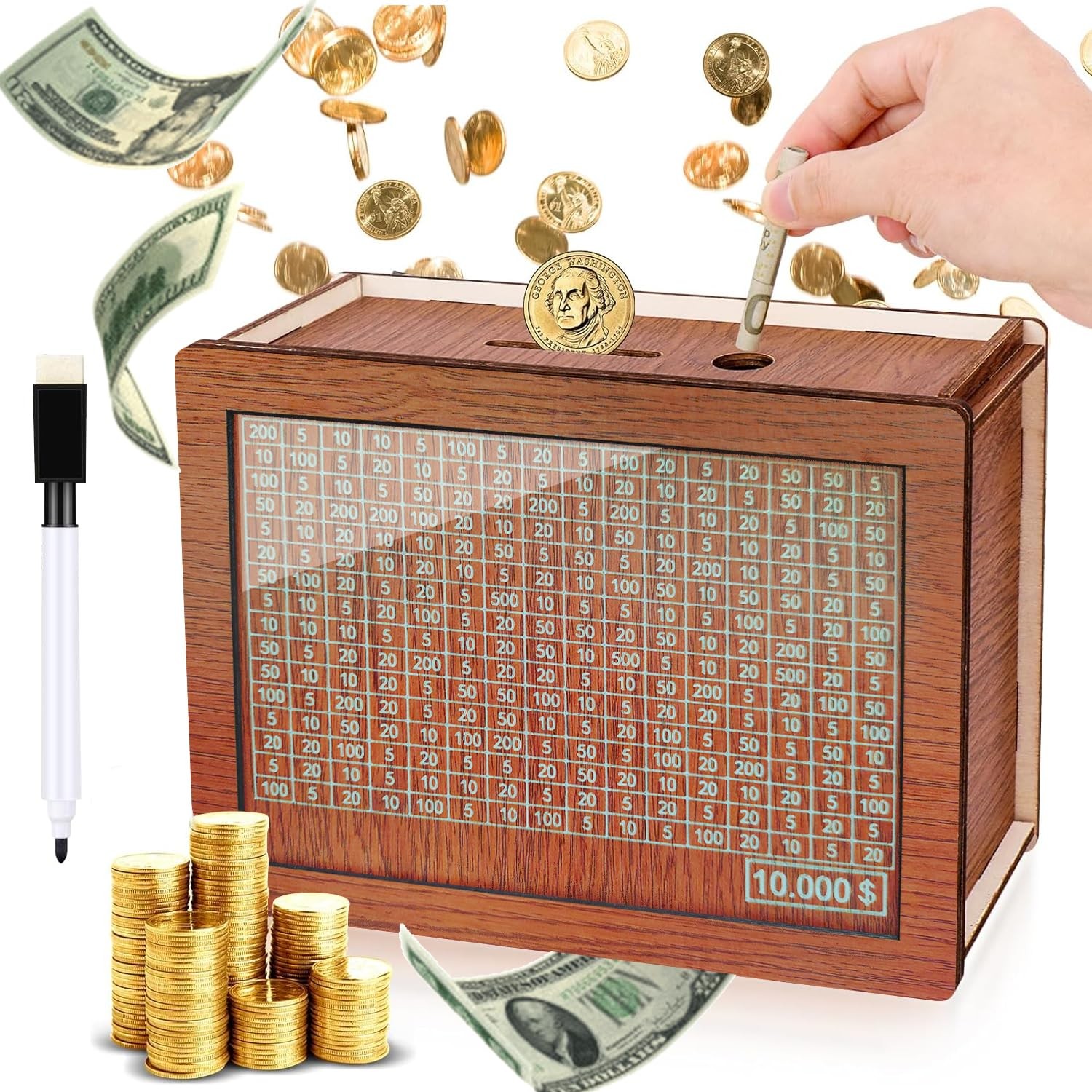 ZHYEED Large Wooden Money Box 7.87 inches x 5.7 x 2.52 inches, Wood