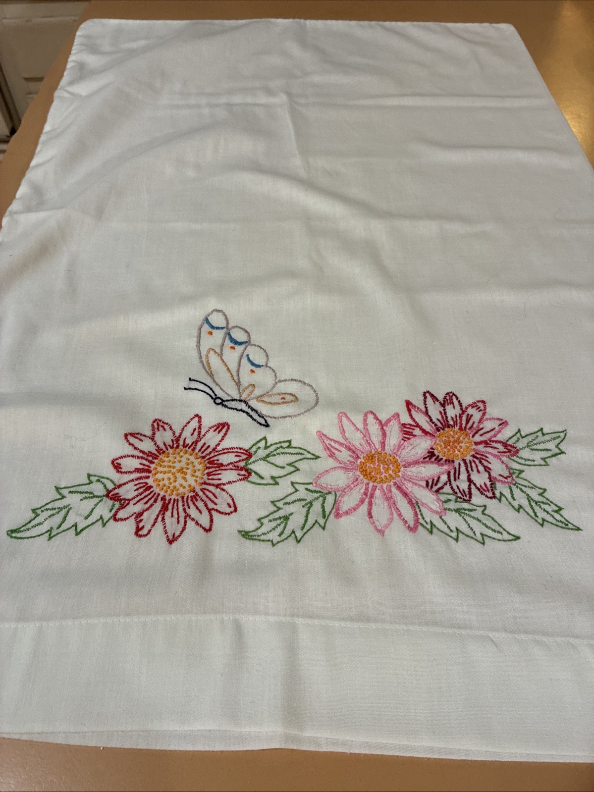 Beautiful Vintage Pillow Case With Embroidery Approximately 20” X 30” White