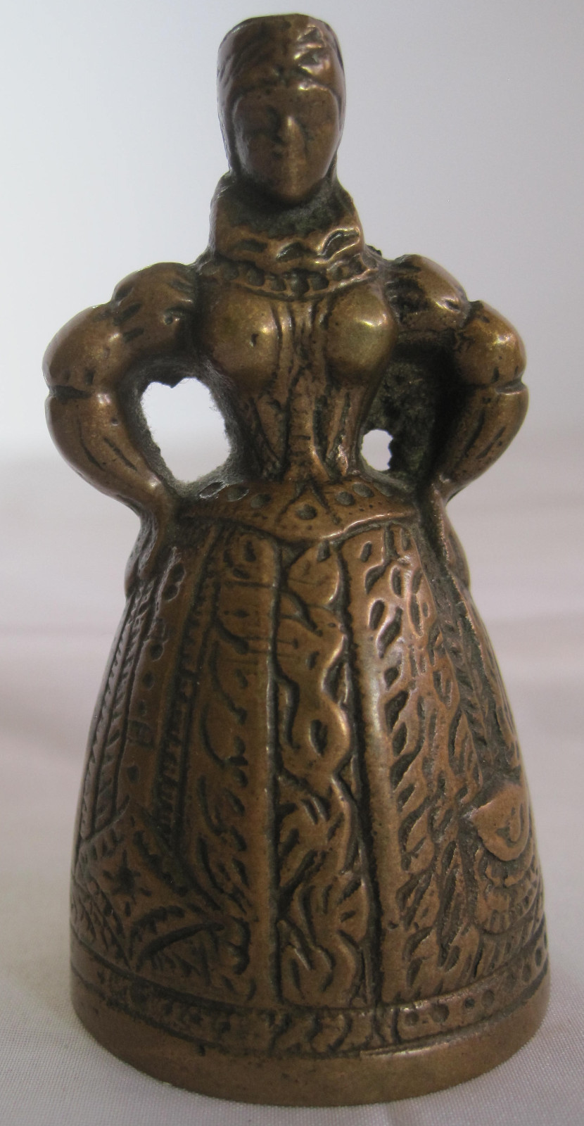 ANTIQUE BRONZE / BRASS ELIZABETHAN LADY BELL WITH LEG & BOOT CLAPPERS