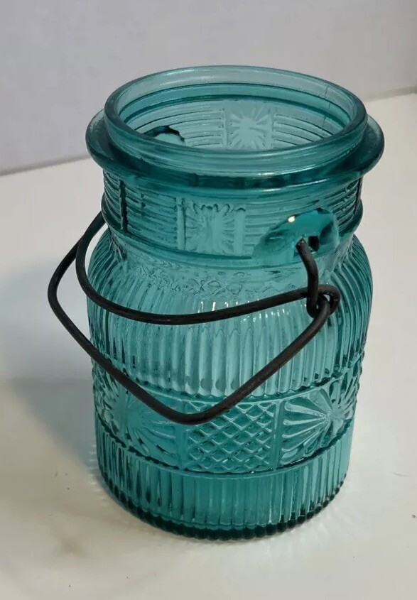 Blue Glass – Avon Mason Jar with Metal Closure Loops – No Lid – Vintage